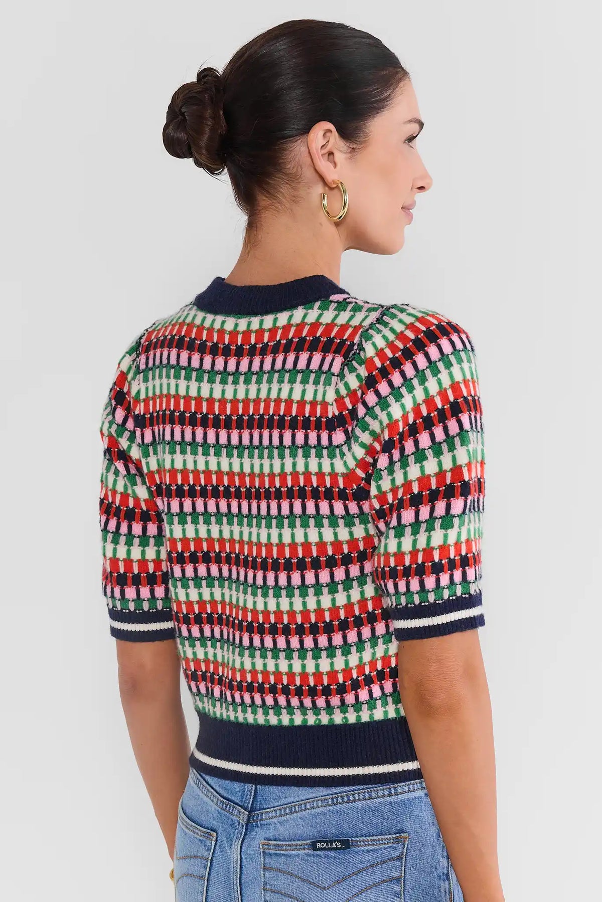 Multicolor Striped Short Sleeve Knit Sweater - Back View On Model | Avara