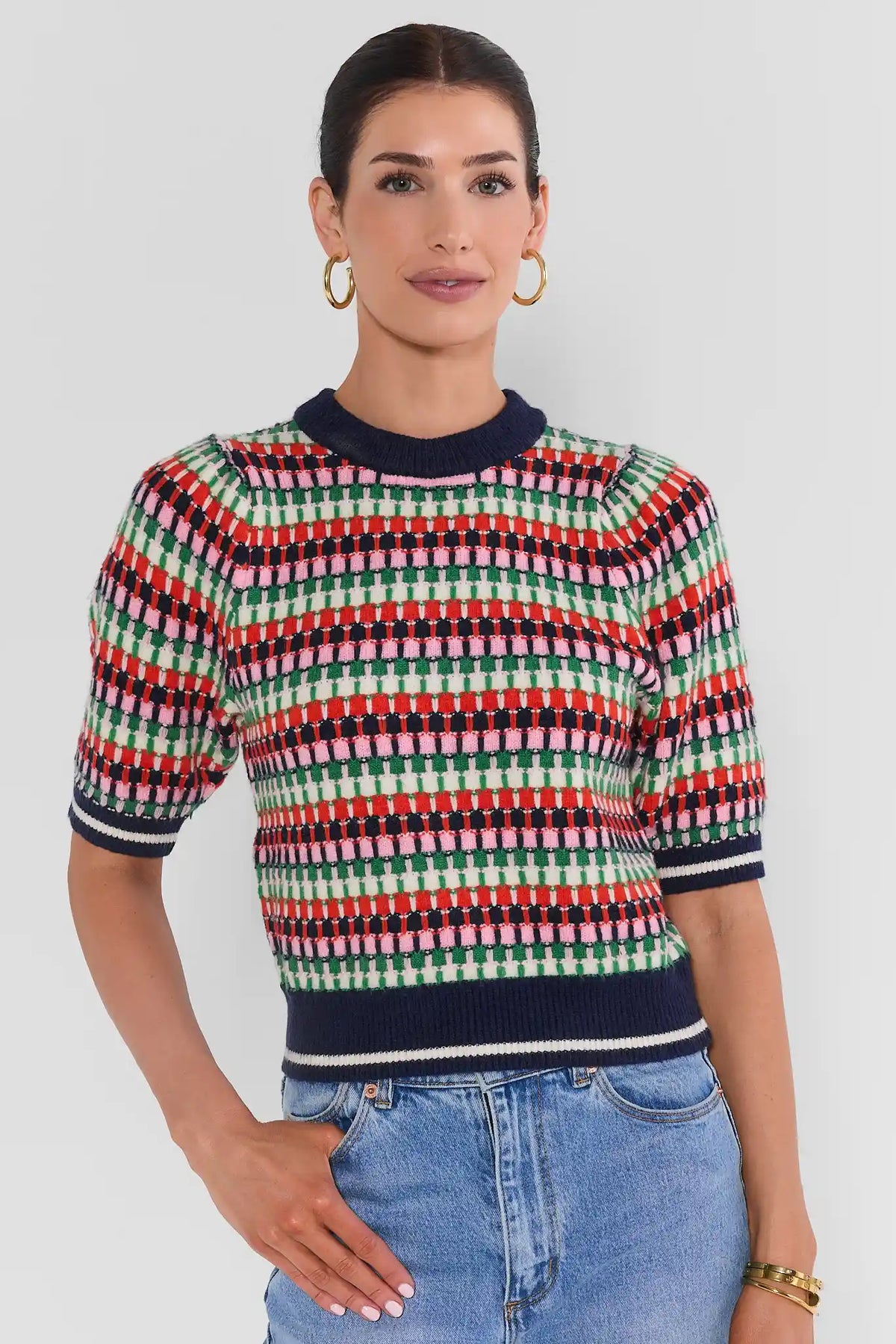 Multicolor Striped Knit Sweater Short Sleeve - Front View On Model | Avara