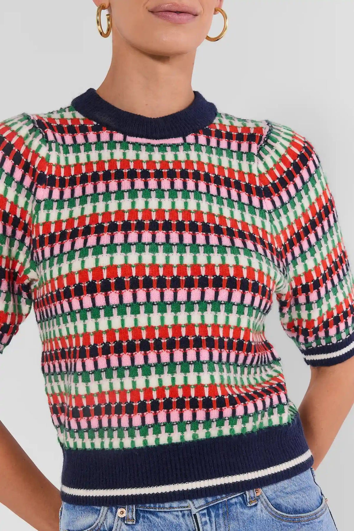Multi Striped Knit Sweater Navy Ribbed Hem Close-Up Detail - Front Crop | Avara