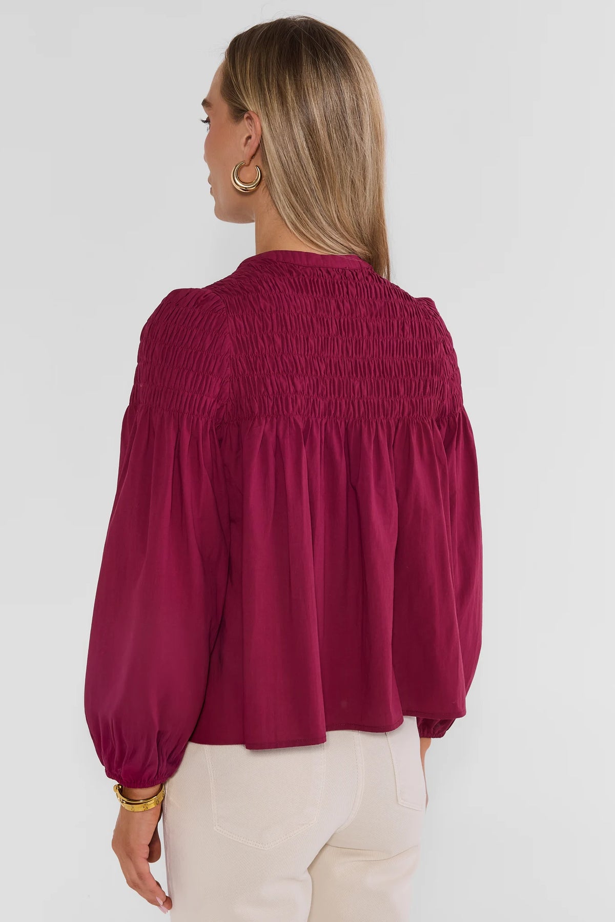 Plum Long Sleeve Smocked Top - Back View Showing Smocked Yoke Detail | Avara