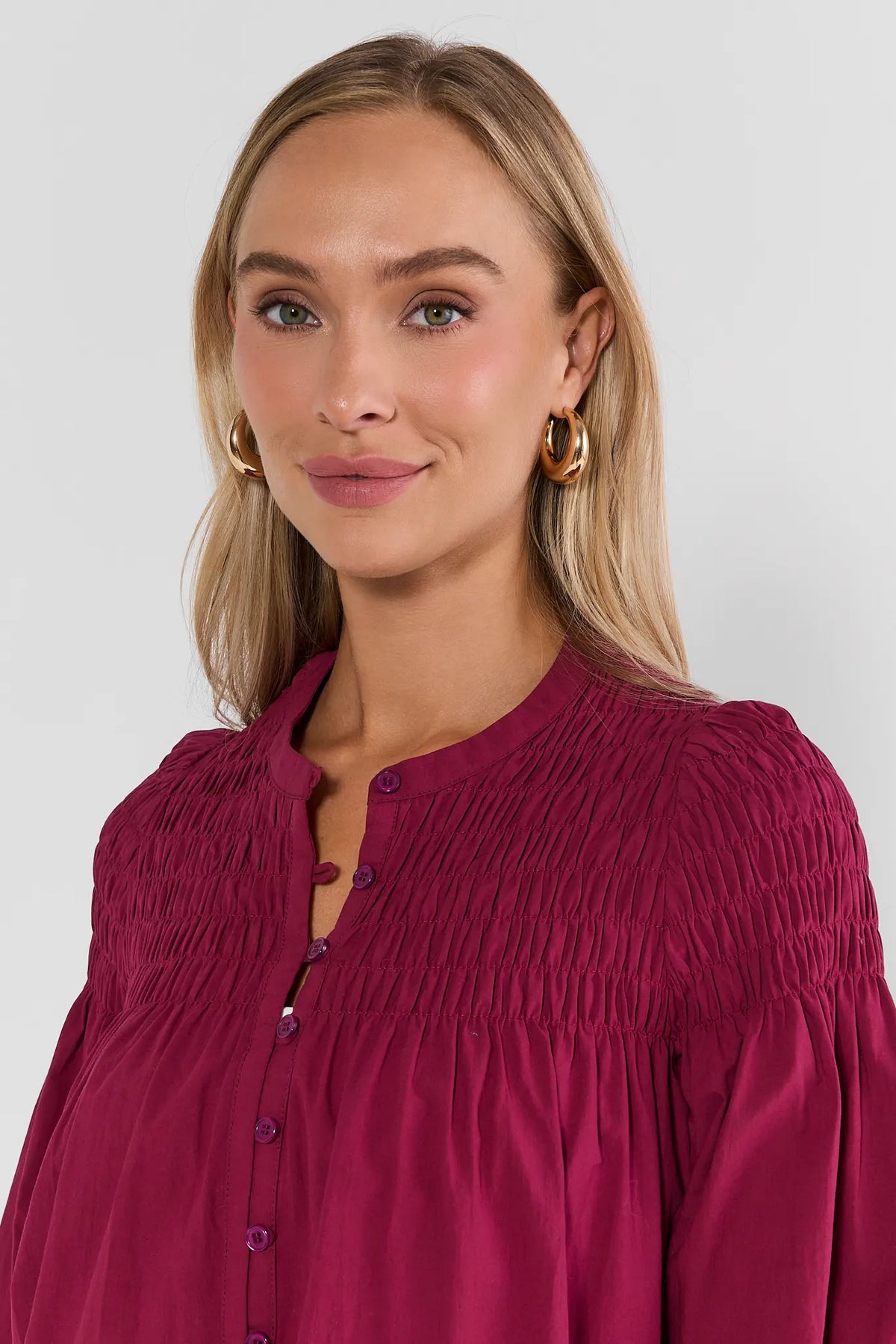 Plum Smocked Bodice Top - Close-Up Neckline and Button Detail | Avara
