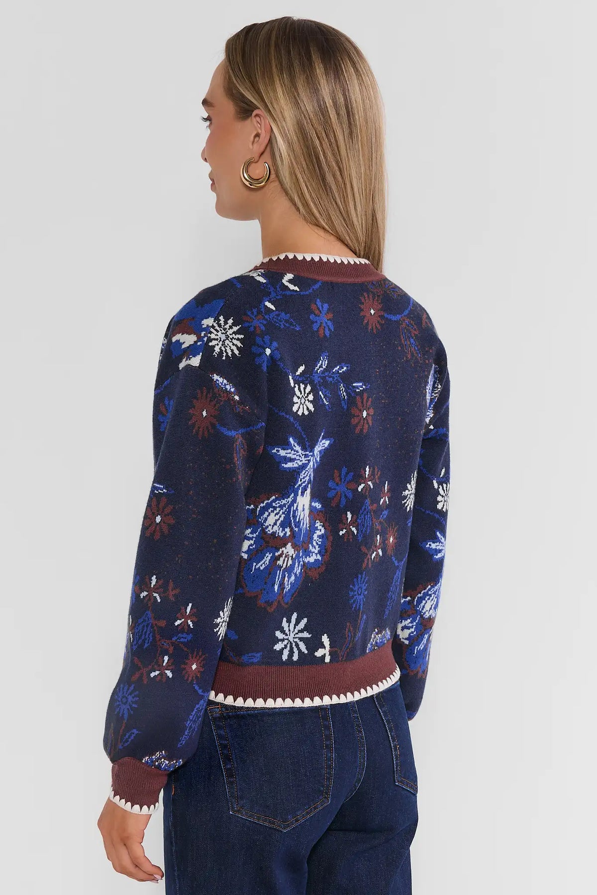Navy Floral Printed Cardigan - Back View, Allover Print & Ribbed Hem | Avara