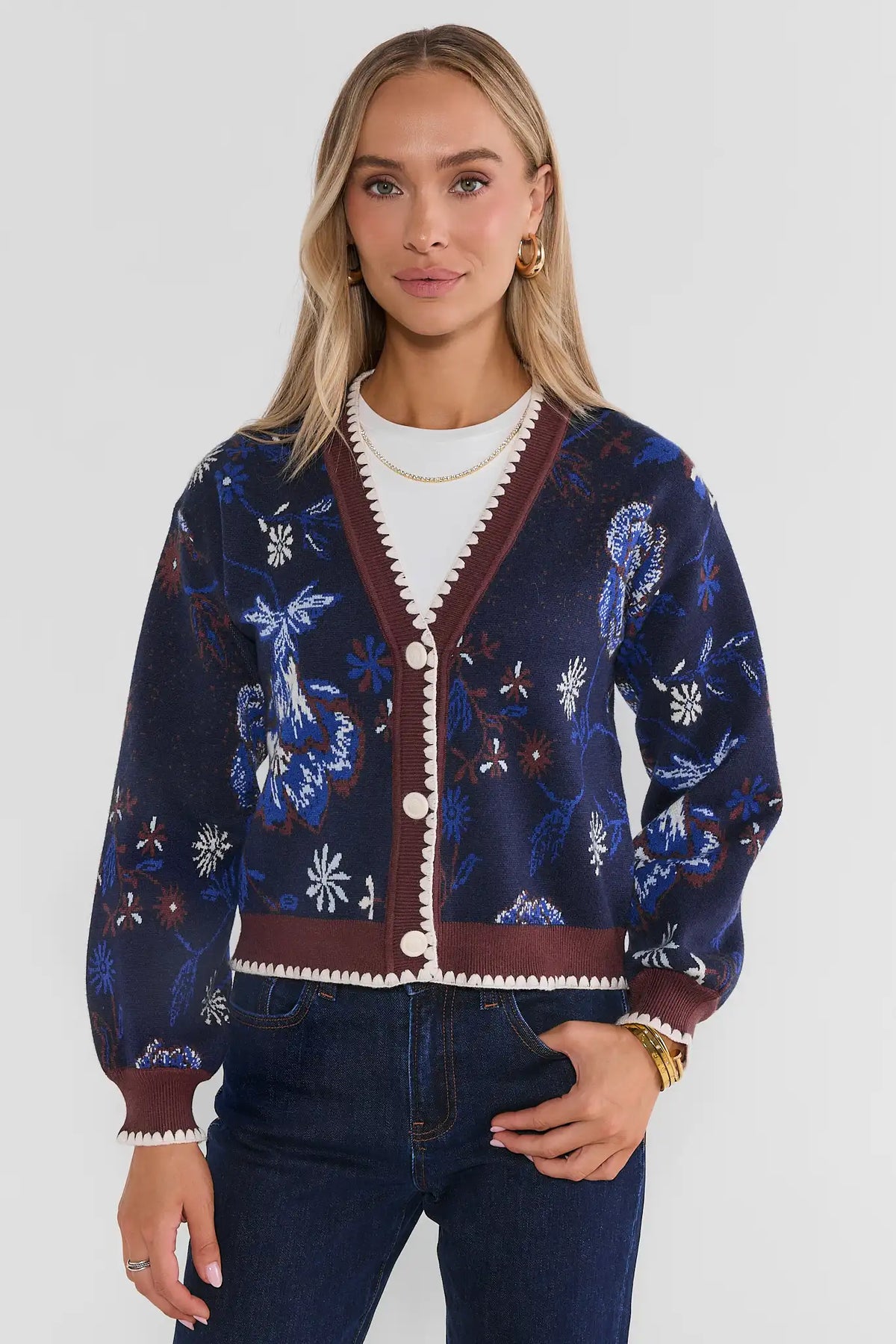 Navy Floral Printed Cardigan - Front View, V-Neckline & Button Detail | Avara