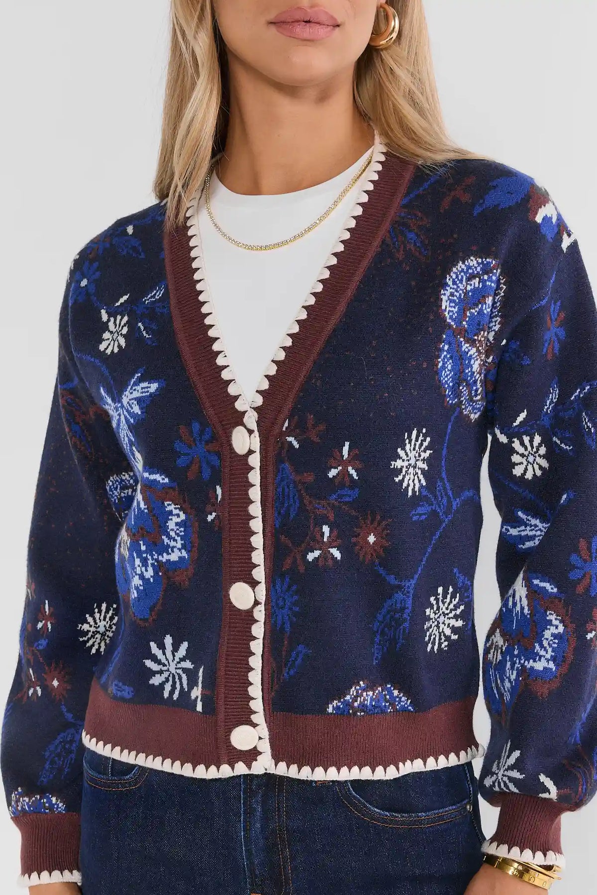 Navy Floral Knit Cardigan - Close-Up Front Detail, Scallop Trim & Buttons | Avara