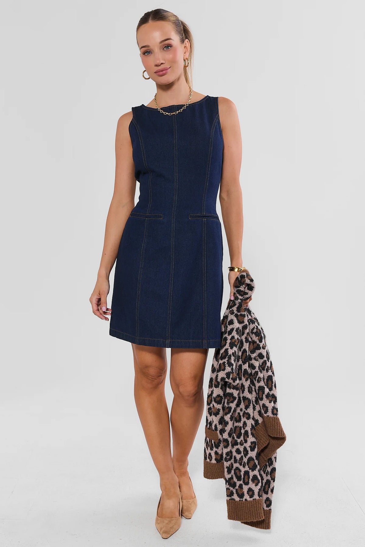 Dark Denim Boat Neck Short Dress - Full Front View On Model | Avara