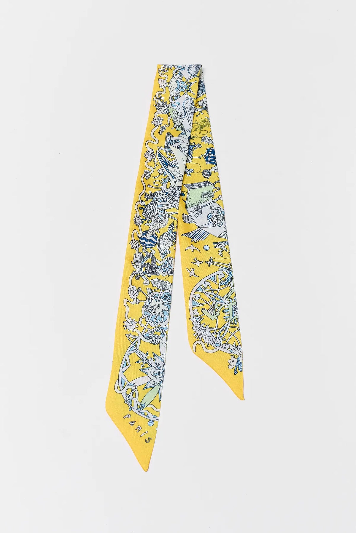 Yellow Printed Skinny Scarf with blue Paris print - Flat Lay Full Length | Avara