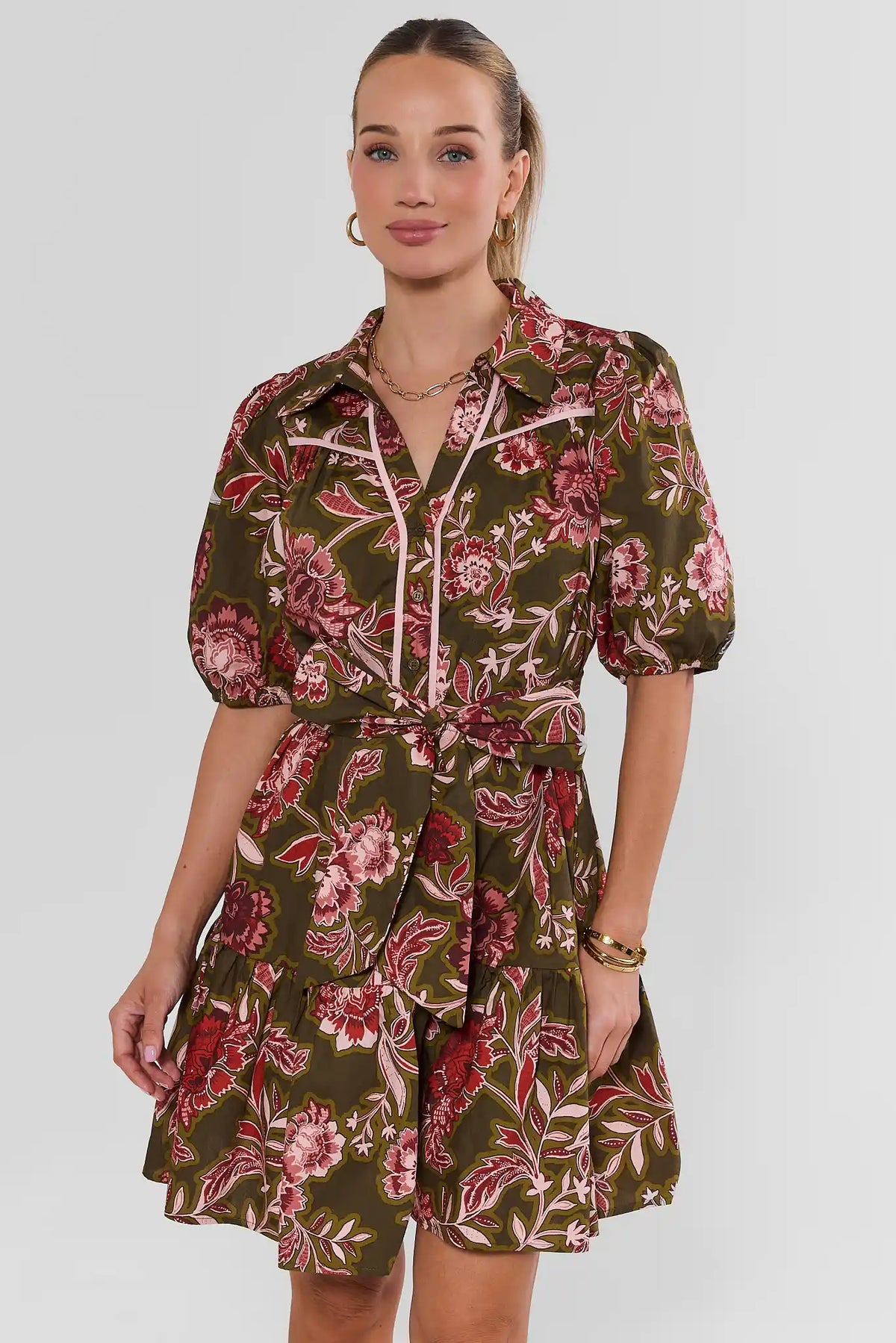 Green Floral Print Cotton Short Dress - Front View On Model | Avara