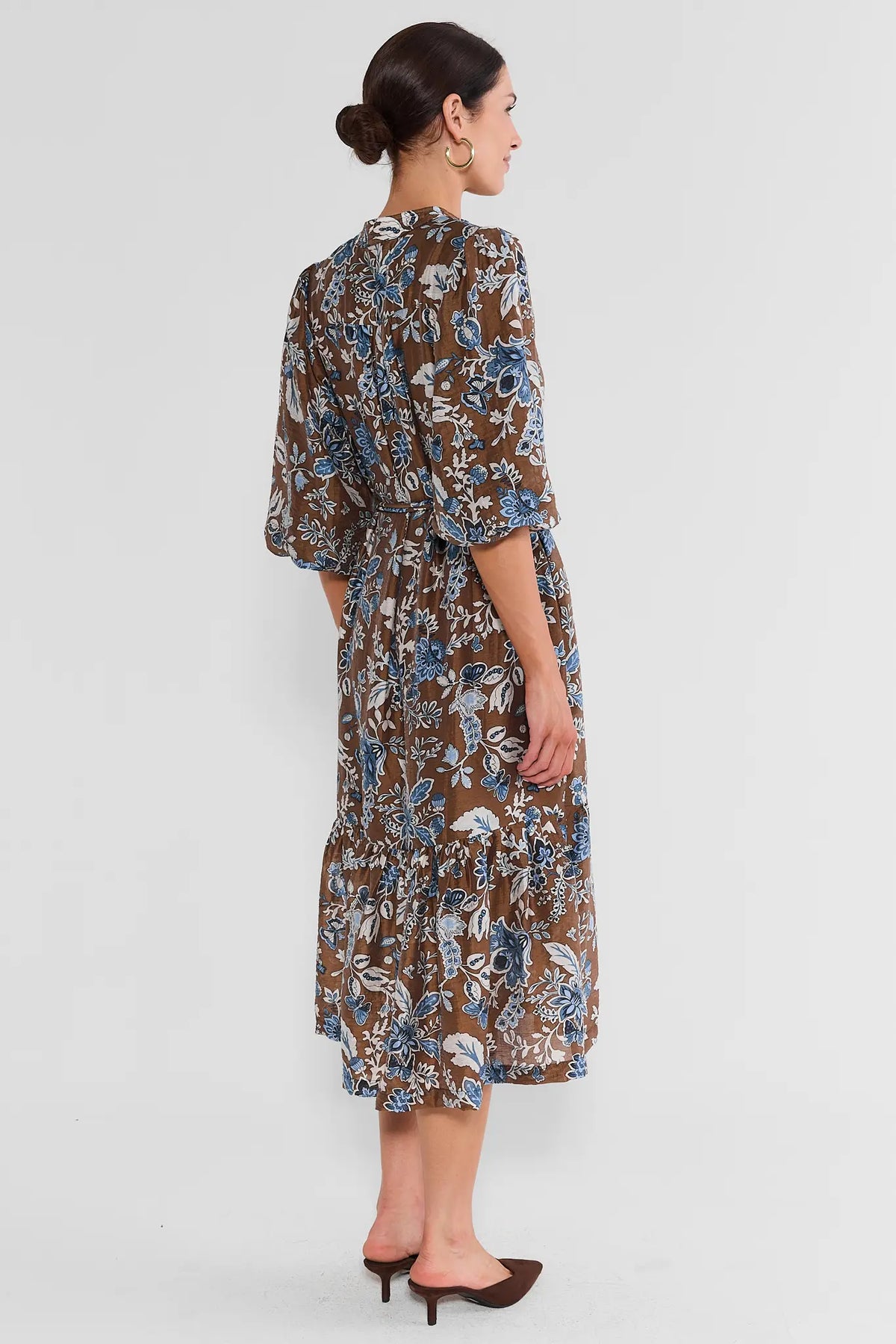 Brown Floral Belted Midi Dress - Back View Showing Tiered Hem | Avara