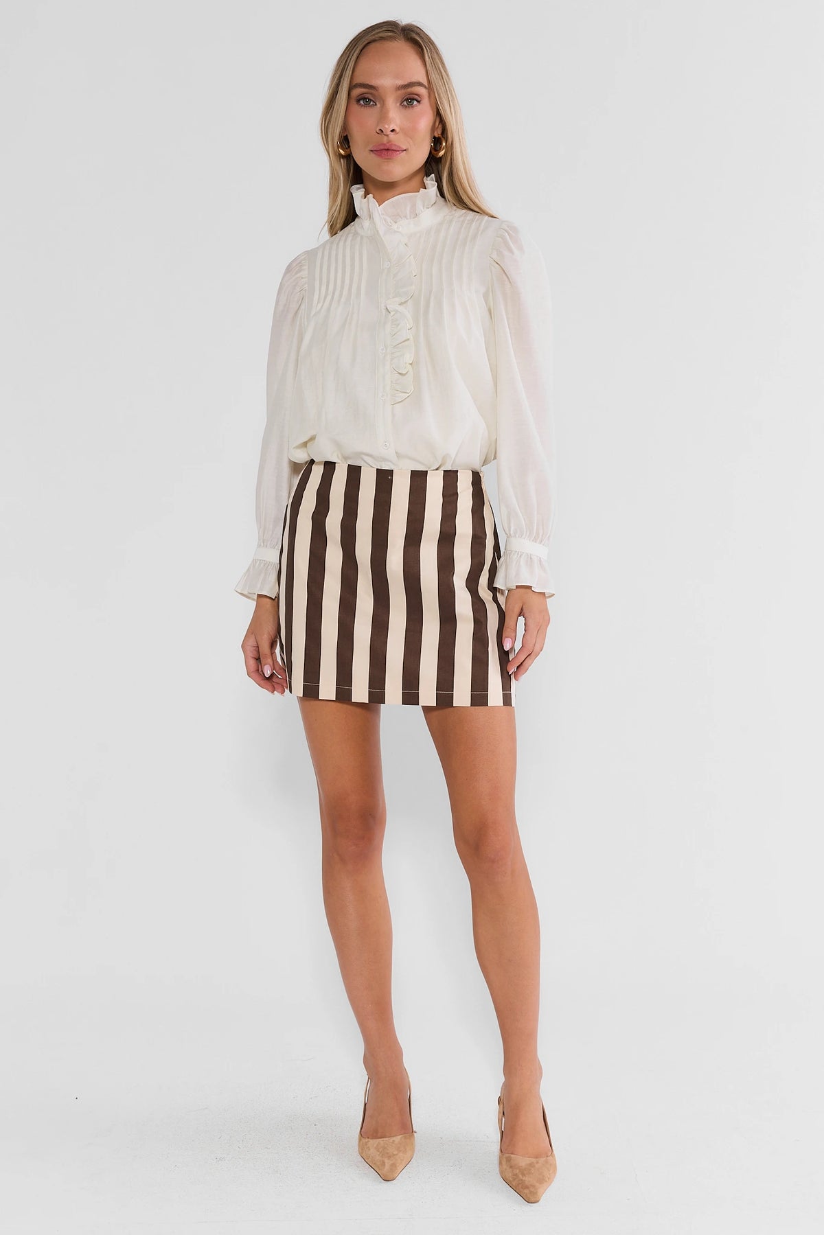 Brown Striped Cotton Mini Skirt - Full On-Model Front View with Heels | Avara