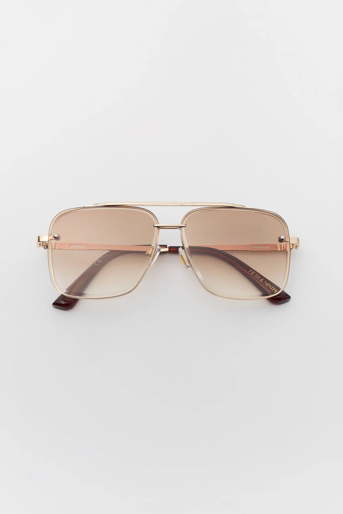 Brown Square Aviator Sunglasses with Gold Frame - Flat Lay | Avara