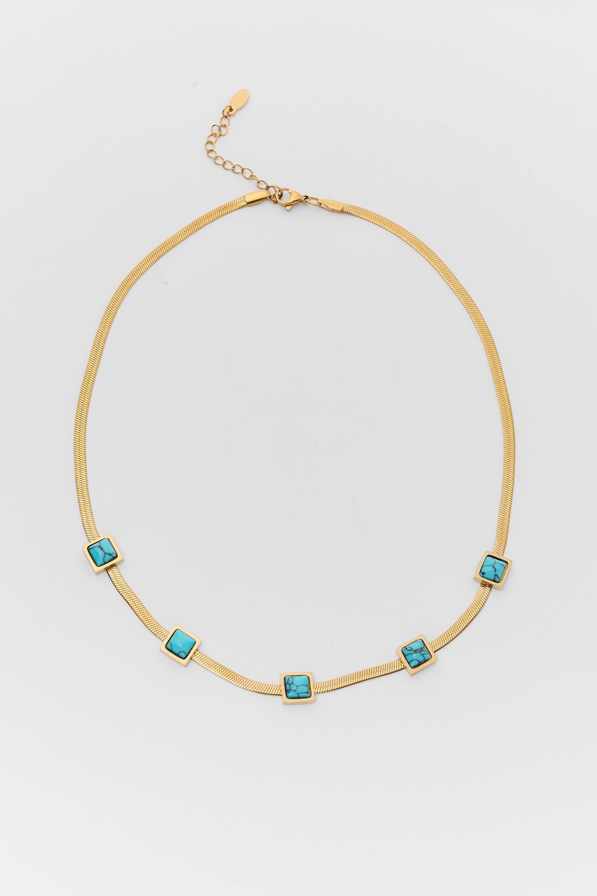 Gold Herringbone Chain Turquoise Stone Necklace - Flat Lay | Avara