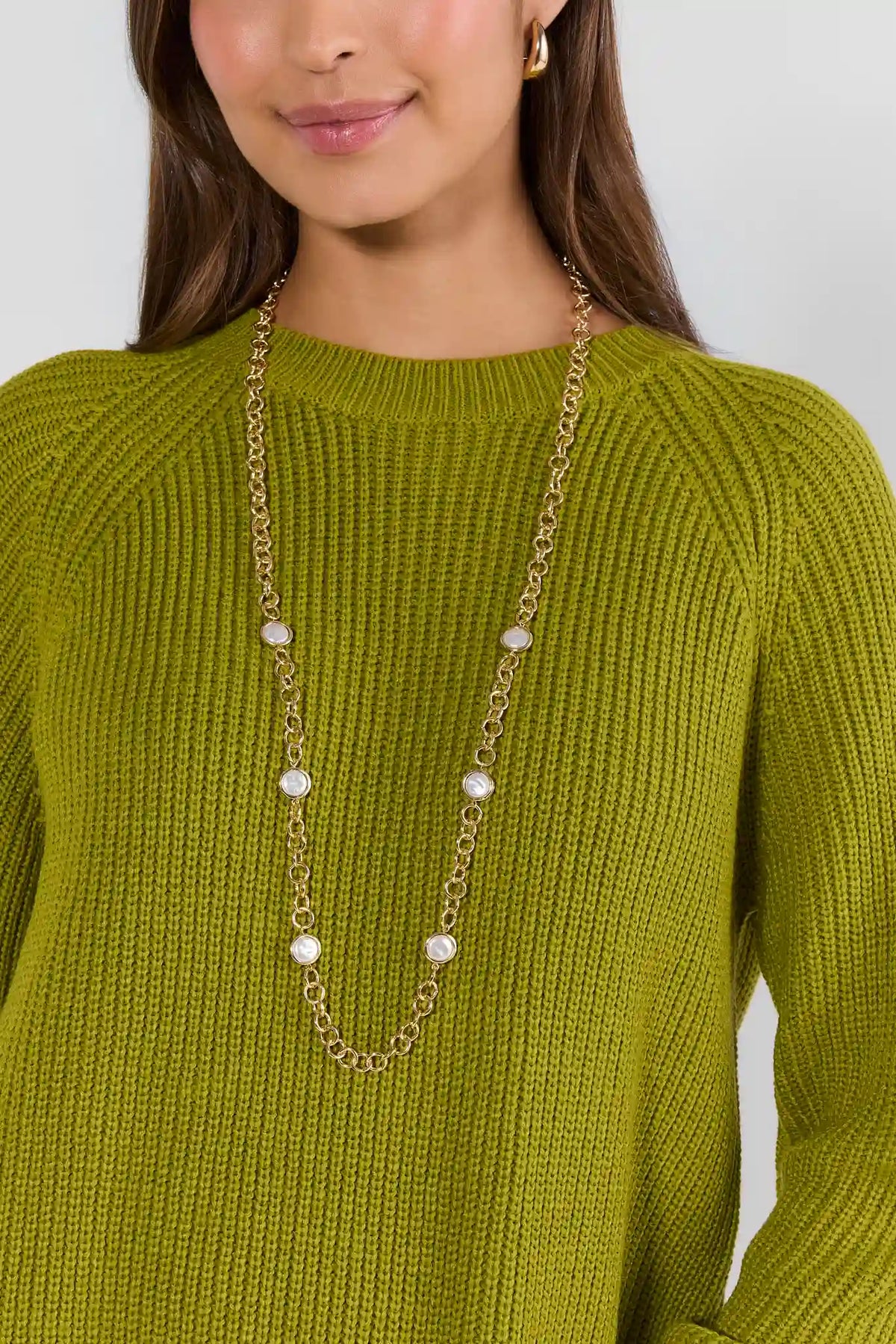Gold Pearl Link Long Necklace - On Model Over Green Knit Sweater, Layered Look | Avara
