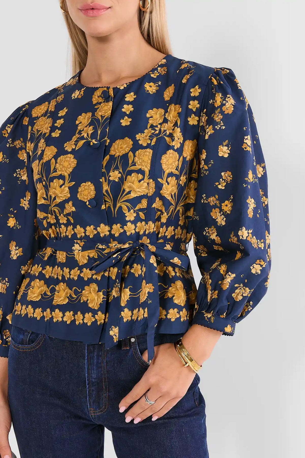 Navy Gold Floral Peplum Top - Tie Waist & Print Detail Close-Up | Avara
