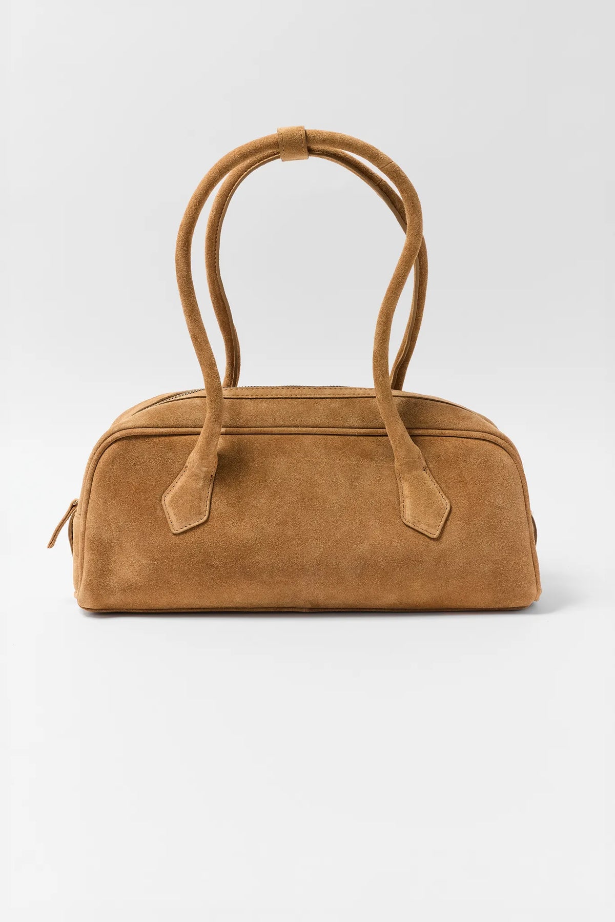 Tan Faux Suede Long Handle Shoulder Bag - Front View | Avara