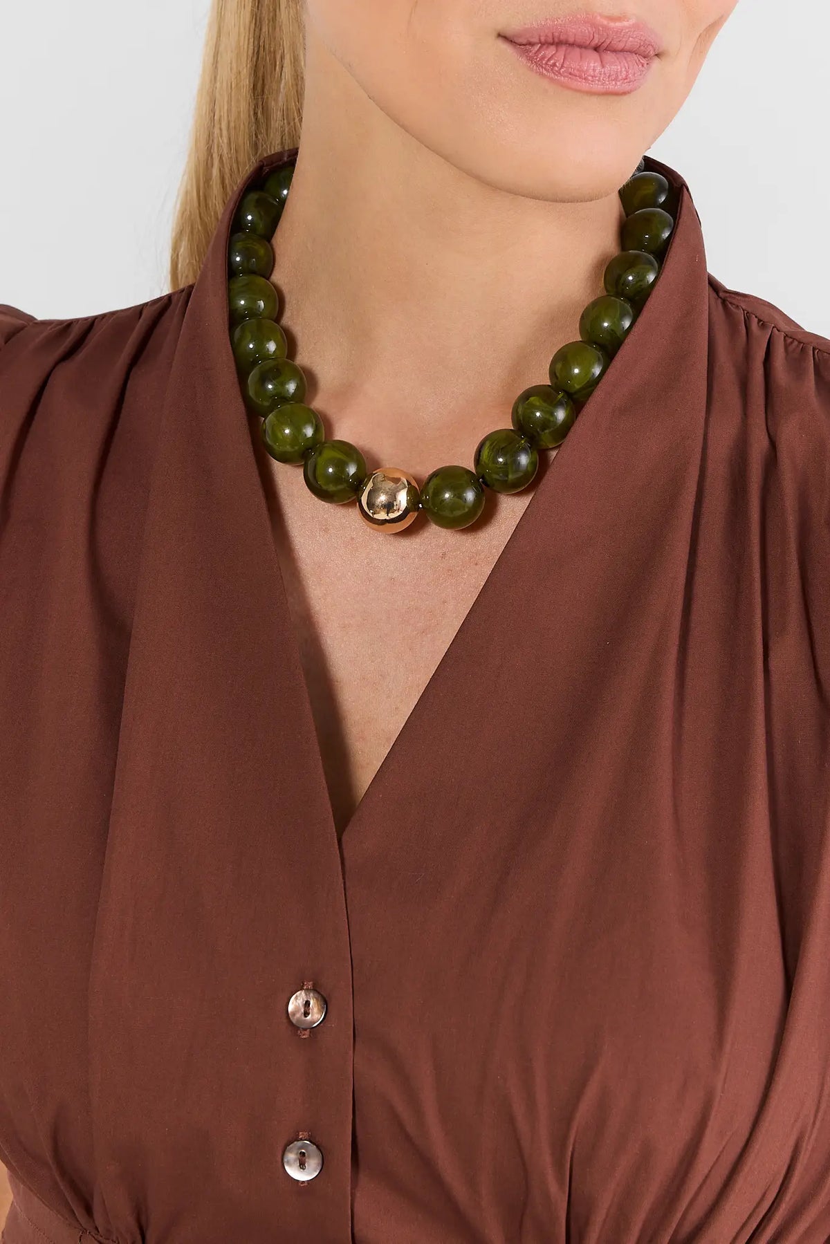 Dark Green Chunky Beaded Statement Necklace - On Model Front View | Avara