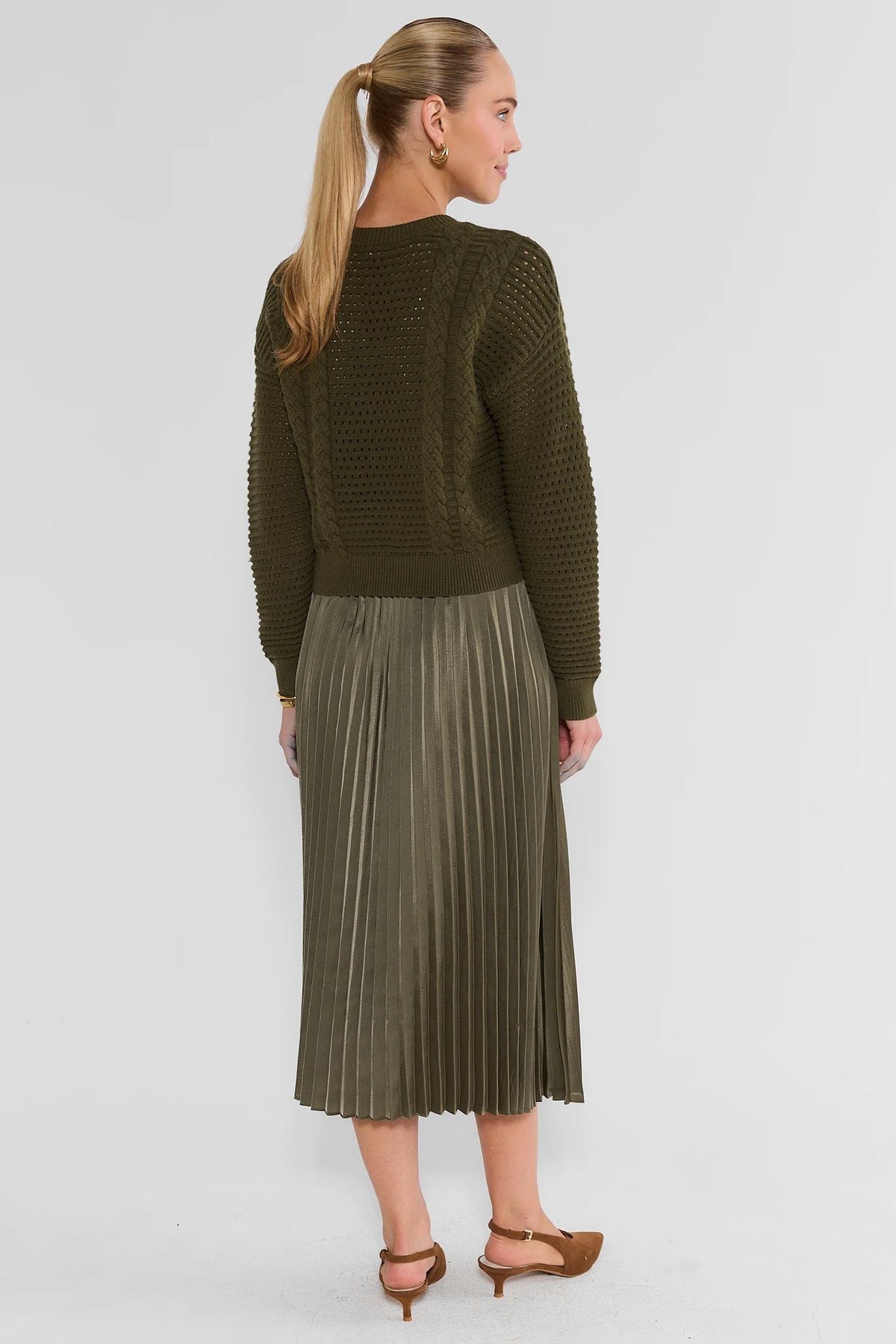 Olive Pleated Slip Midi Dress with Cable-Knit Sweater - Back View On Model | Avara