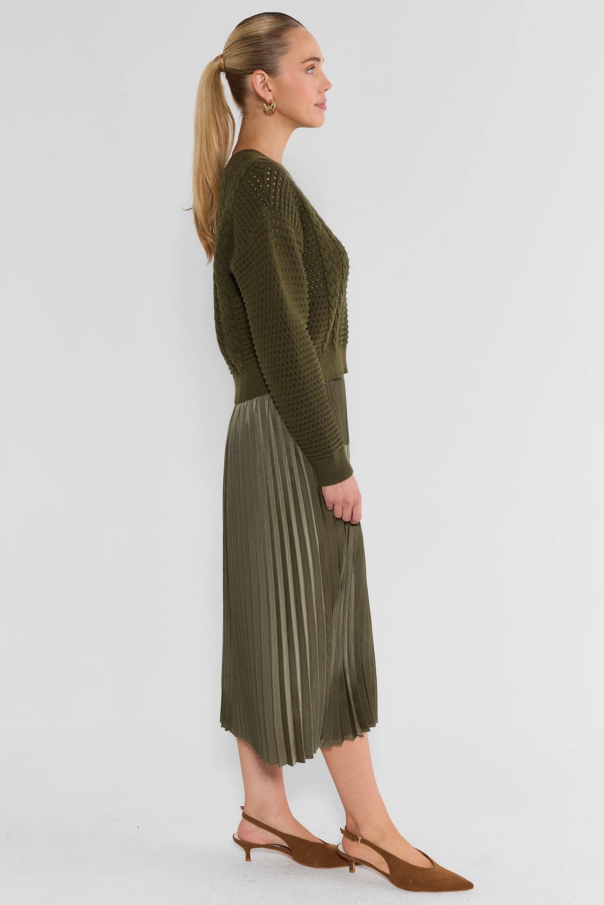 Olive Cable-Knit Two Piece Midi Dress - Side Profile View On Model | Avara