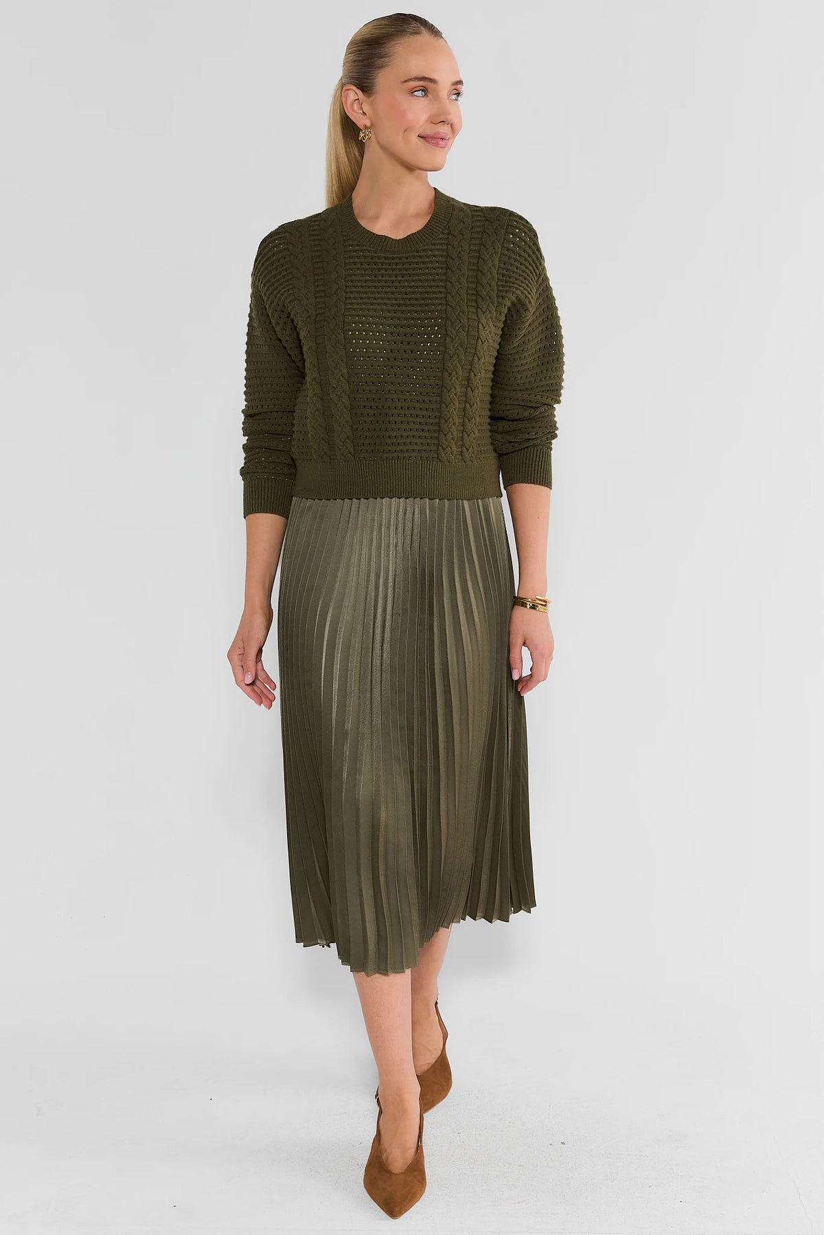 Olive Two Piece Midi Dress with Pleated Slip Skirt - Full Front View On Model | Avara