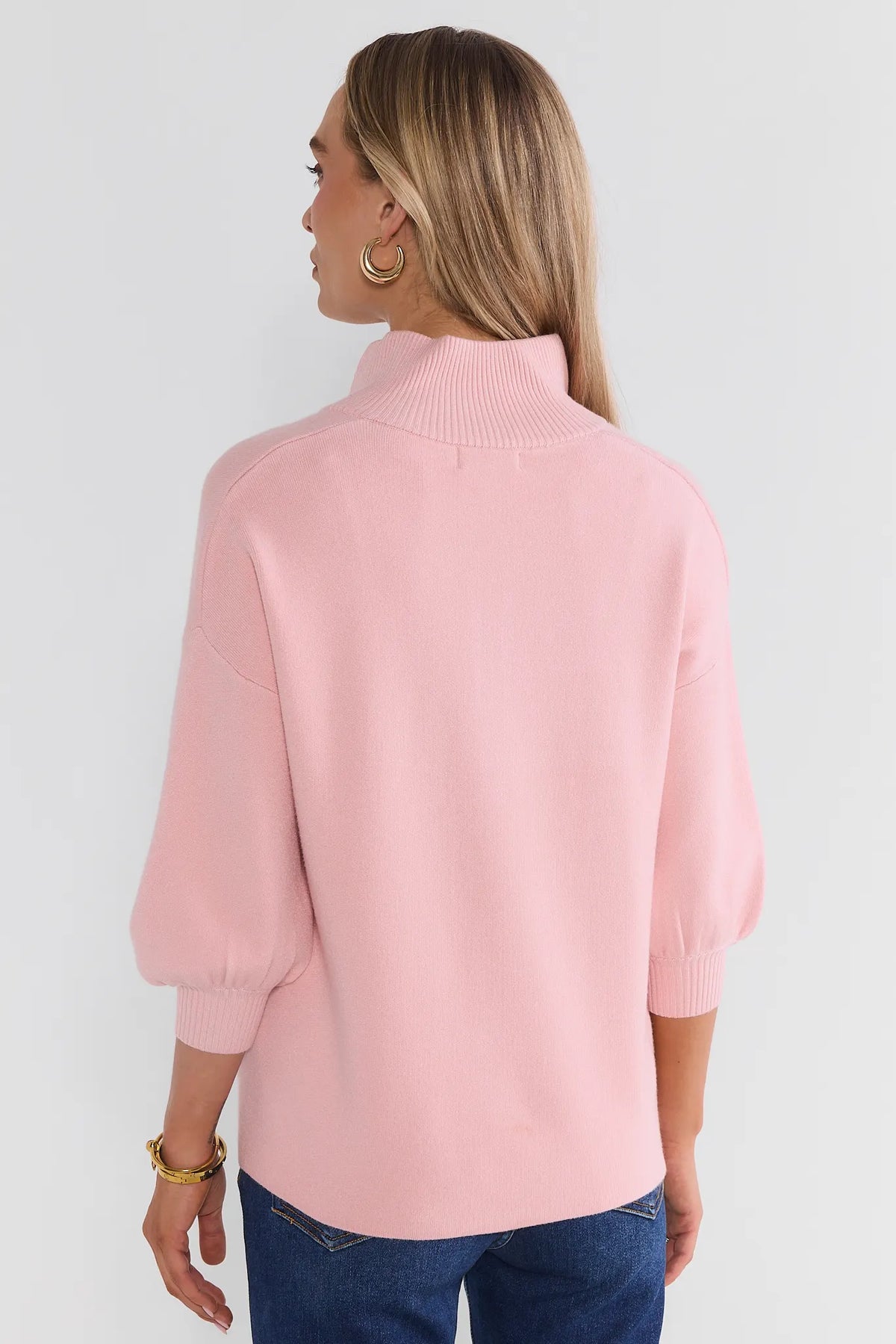 Pink Knit Sweater - Back View, Ribbed Mock Neck and Hem Detail | Avara