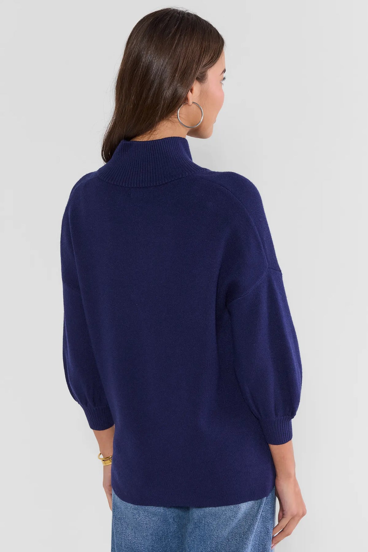 Navy Knit Sweater - Back View Showing Ribbed Stand Collar and Blouson Sleeve Detail | Avara