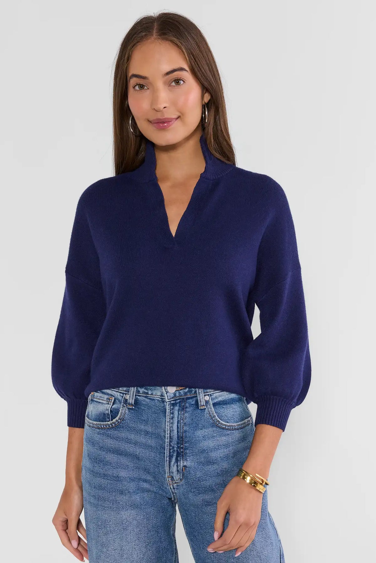 Navy Knit Sweater with Blouson Sleeves - On Model Front View Styled with Jeans | Avara