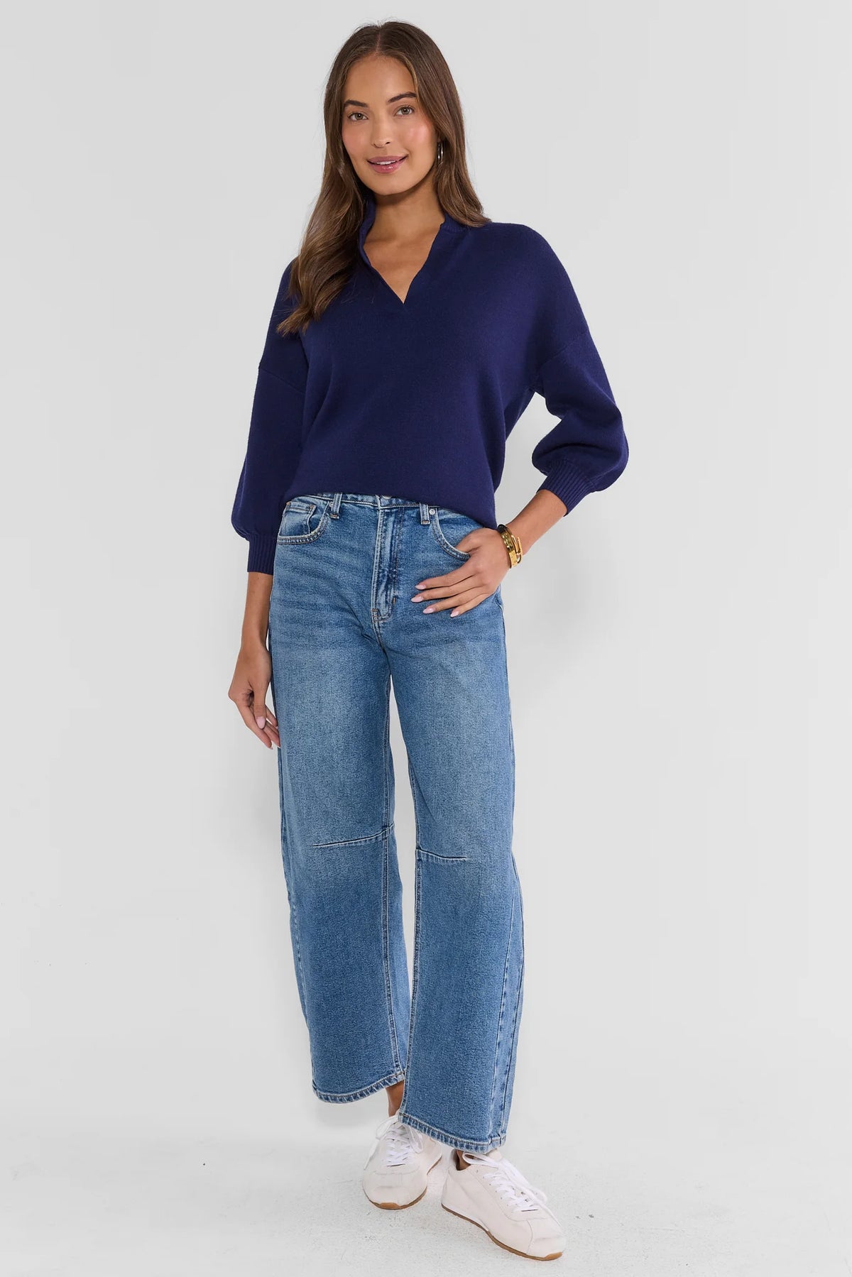 Navy Knit Sweater Full-Length Front View - Relaxed Blouson Silhouette with Wide Leg Jeans | Avara