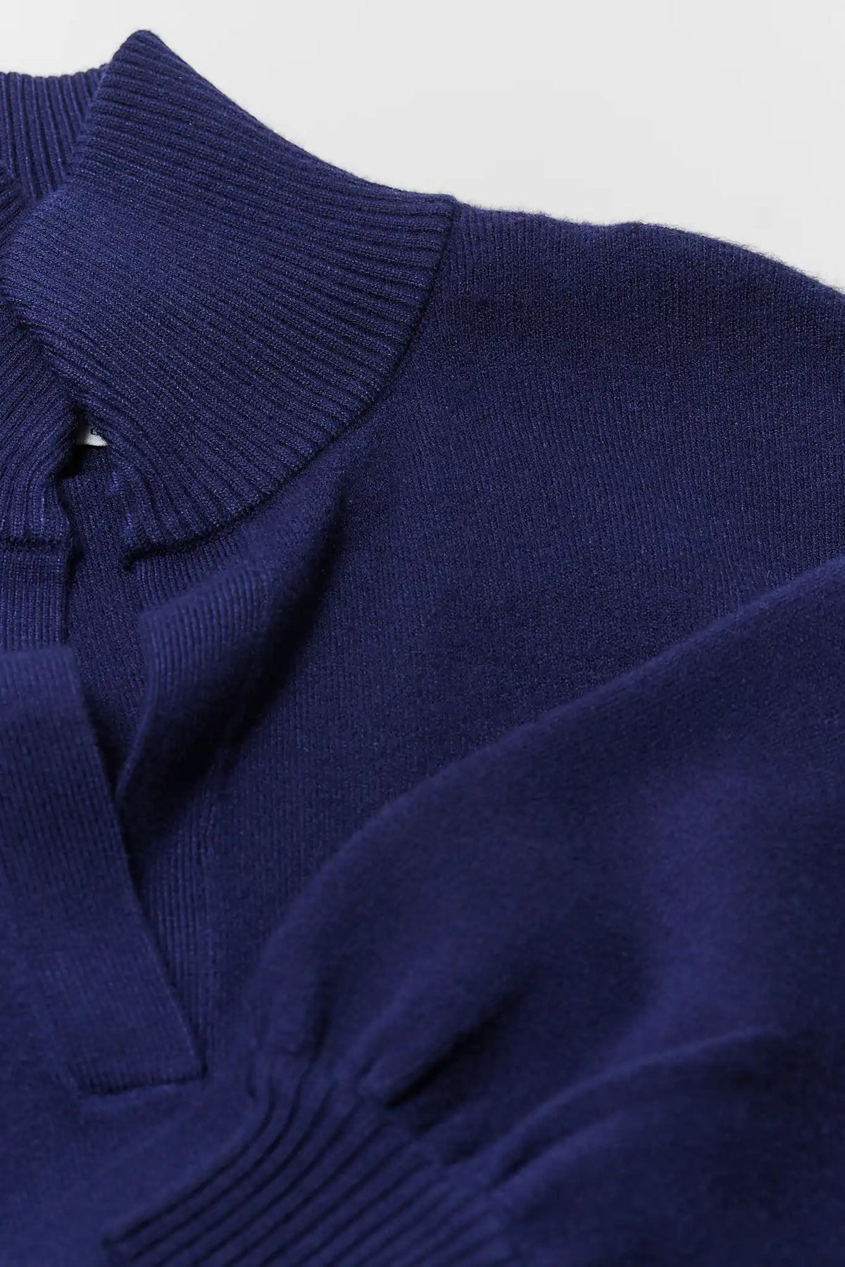 Navy Knit Sweater Ribbed Collar and V-Neckline - Fabric Texture Detail | Avara