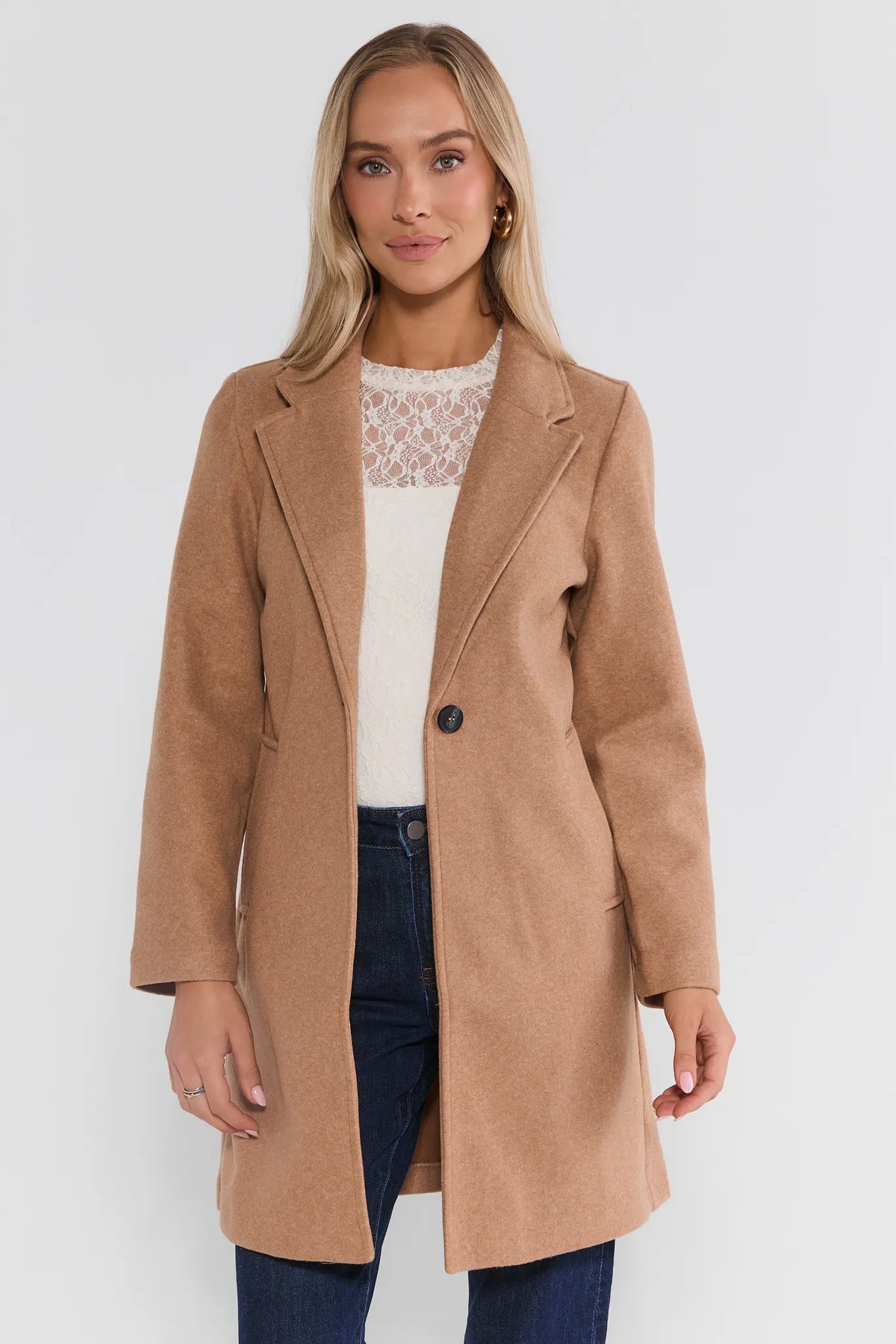 Tan Brushed Midi Coat with Notched Collar - Front View, On Model | Avara