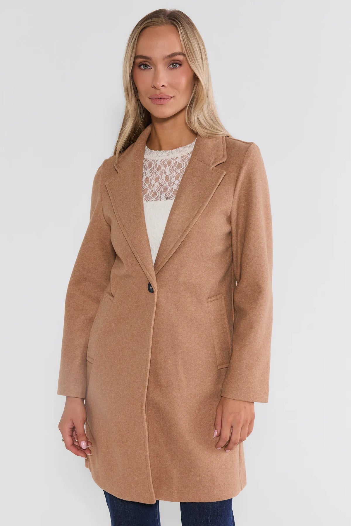 Tan Midi Coat for Women - Three-Quarter Front View, Button Closure | Avara