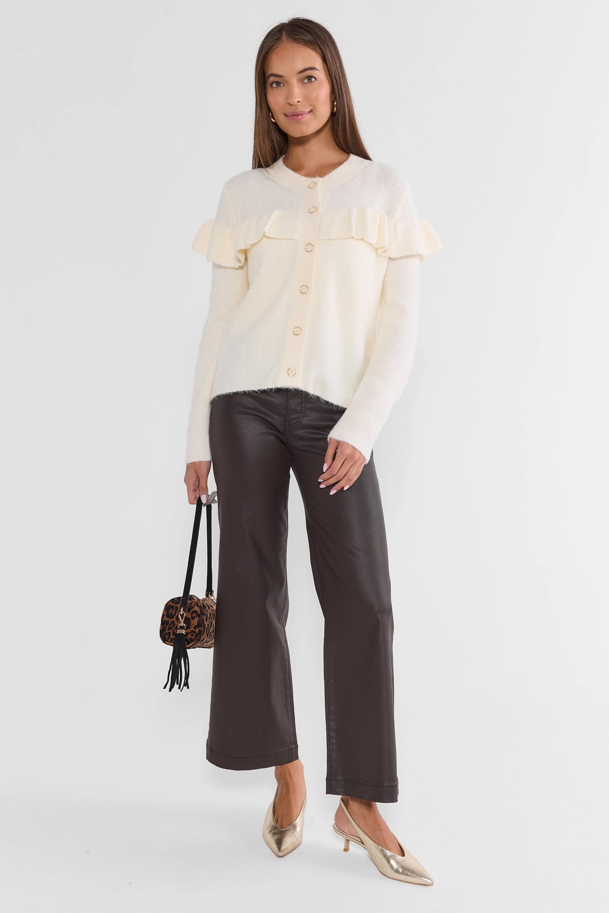 Ivory Ruffle Cardigan - Full-Length Styled Look with Dark Trousers | Avara