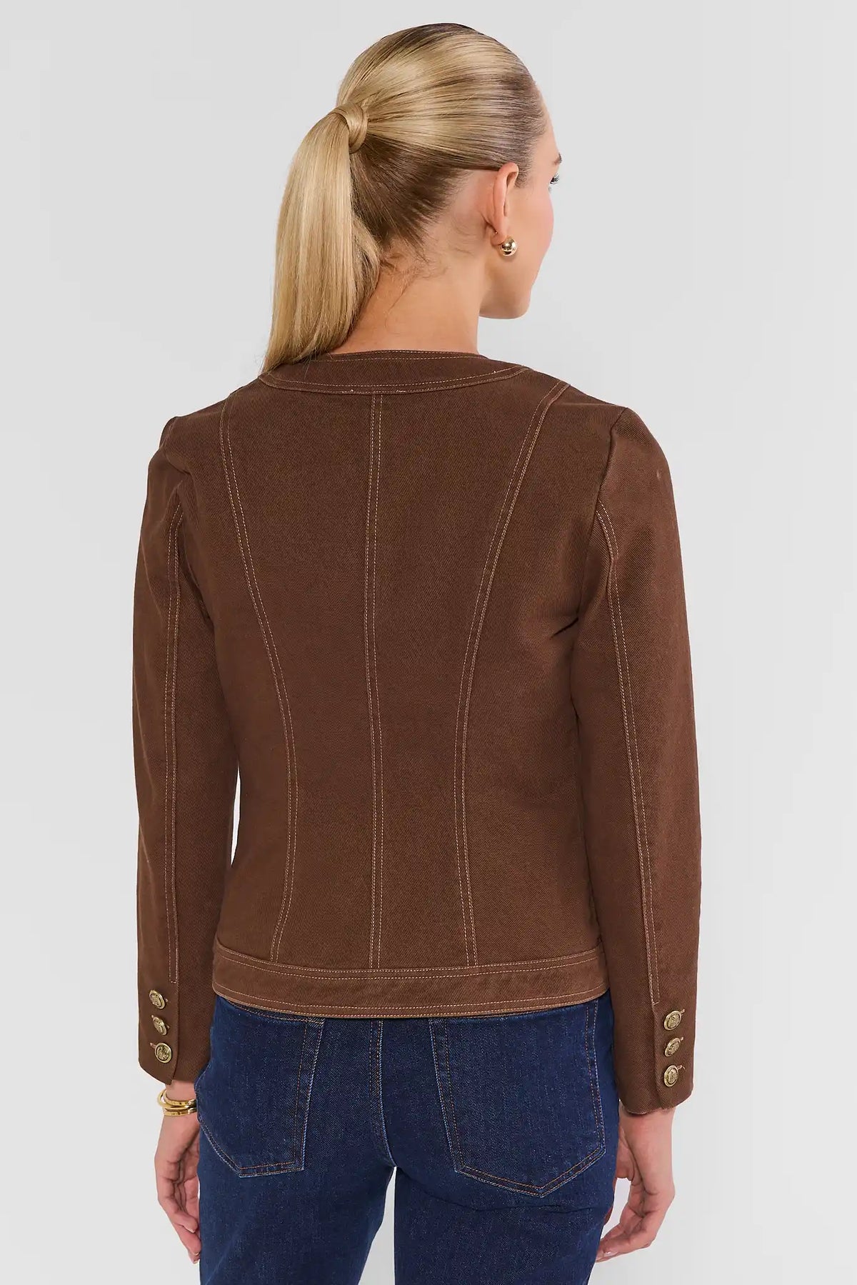 Brown Cotton Jacket - Back View Showing Seam Detail & Gold Cuff Buttons | Avara