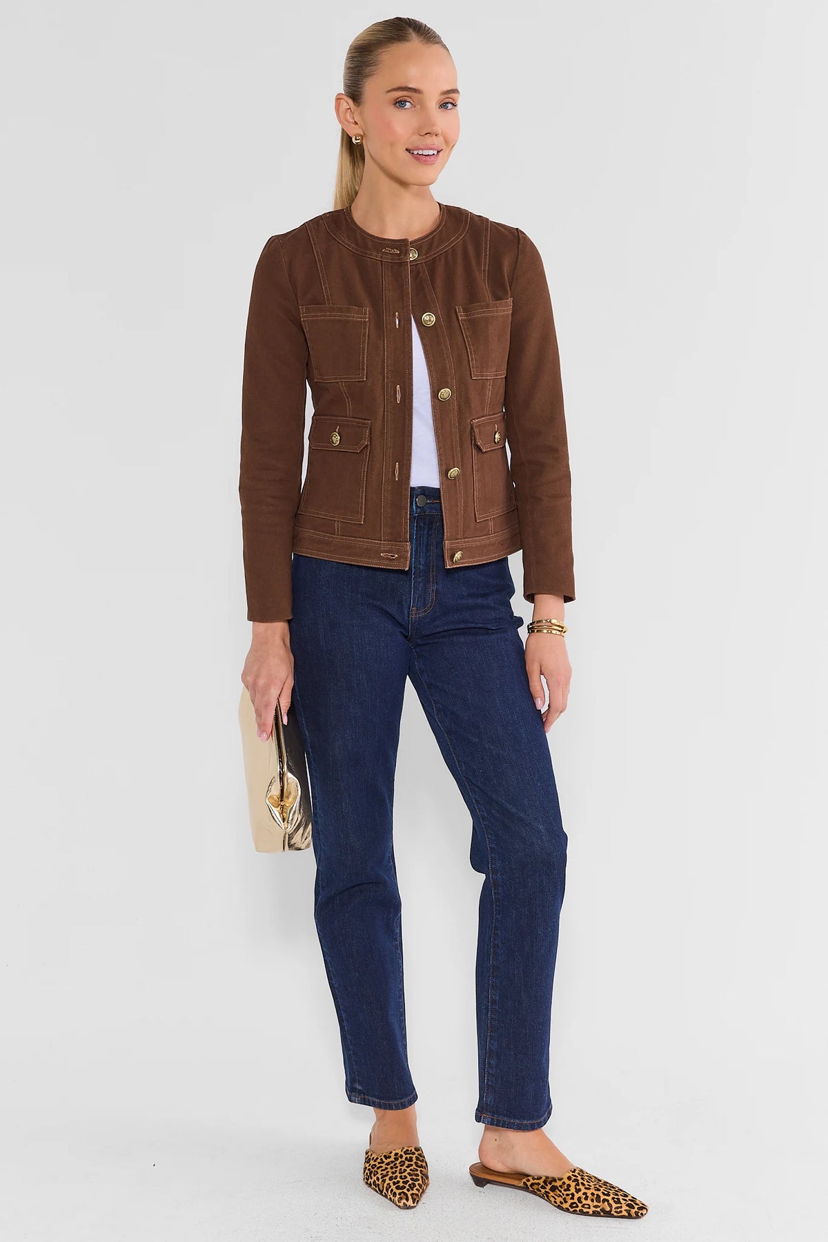 Brown Women's Tailored Jacket Styled with Wide Leg Jeans - Full Front View | Avara