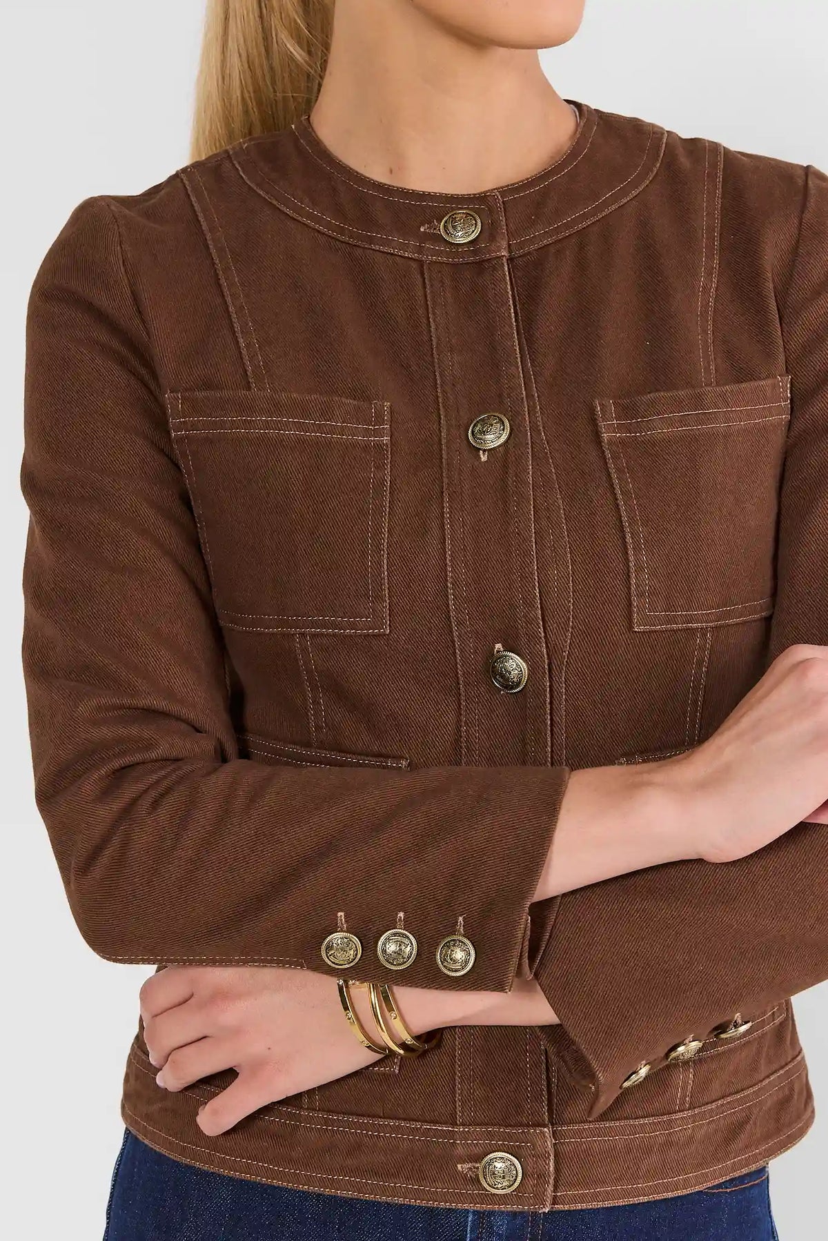 Brown Structured Jacket - Contrast Stitch & Cuff Button Detail | Avara