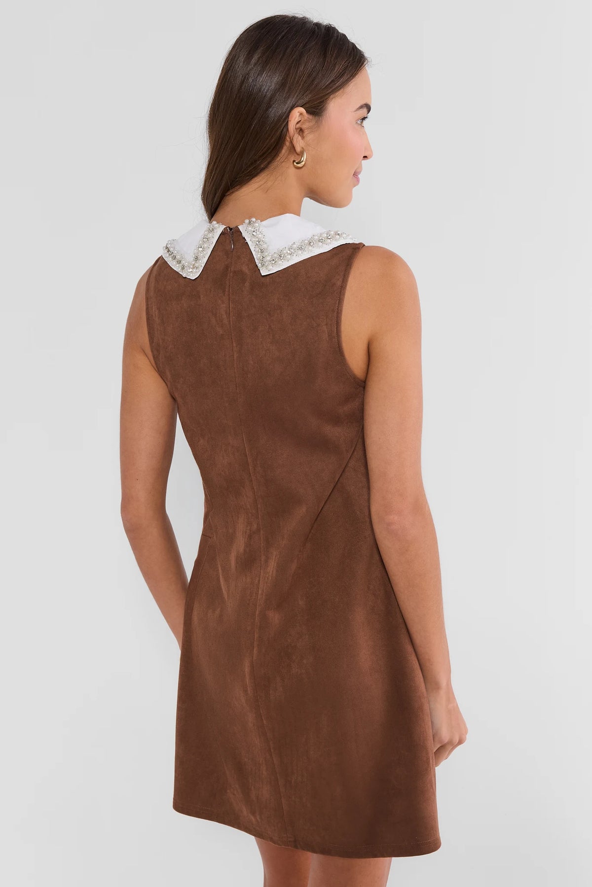 Brown Faux Suede Short Dress - Back View, Pearl Collar & Zipper Detail | Avara