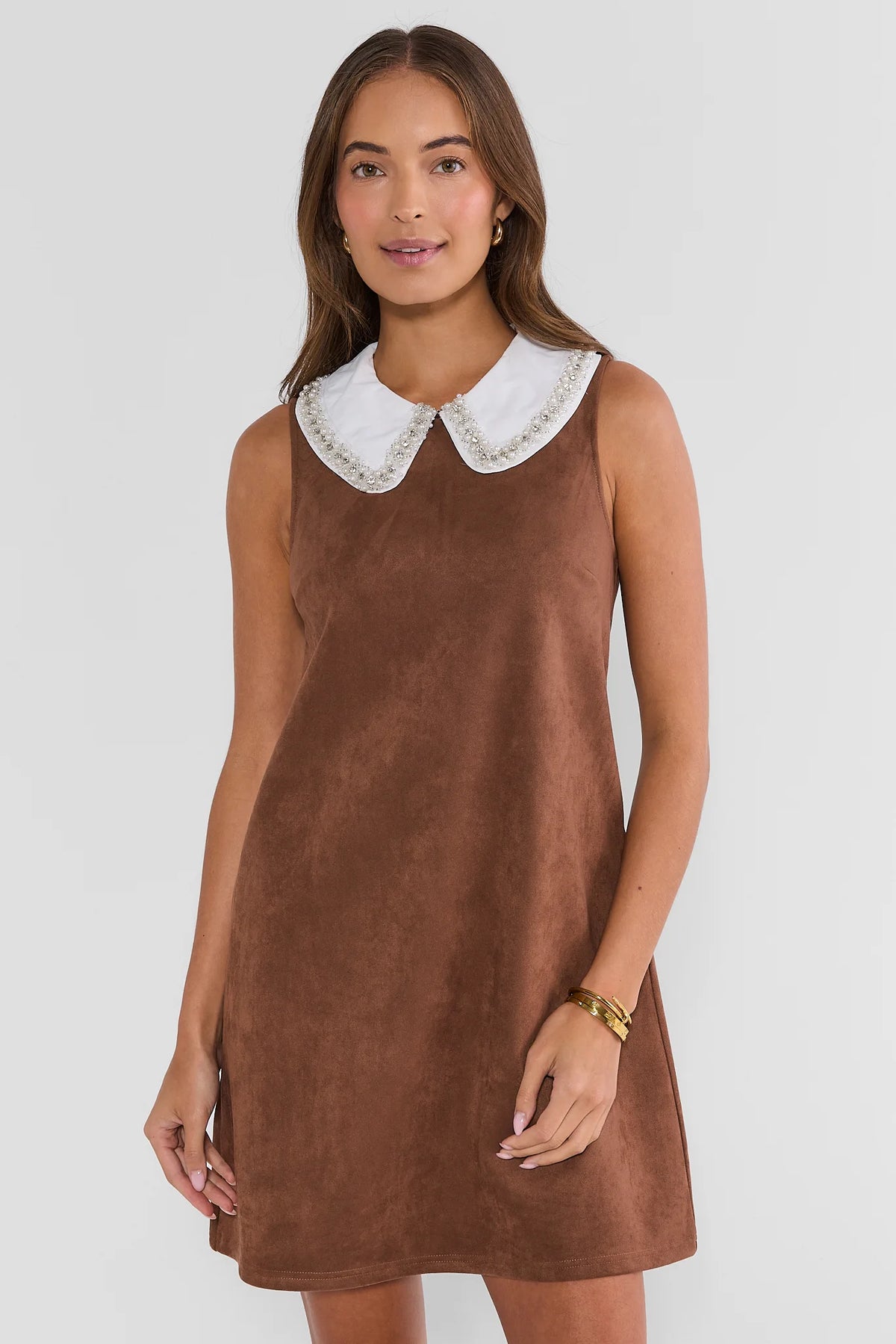 Brown Faux Suede Short Dress - On Model Front View, Shift Silhouette | Avara