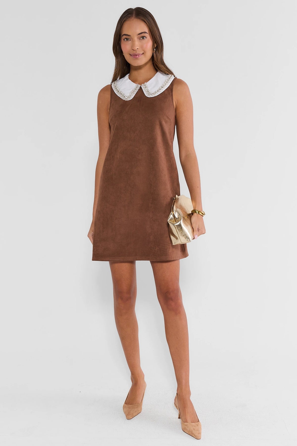 Brown Faux Suede Short Dress - Full Length Styled Look, Gold Heels | Avara