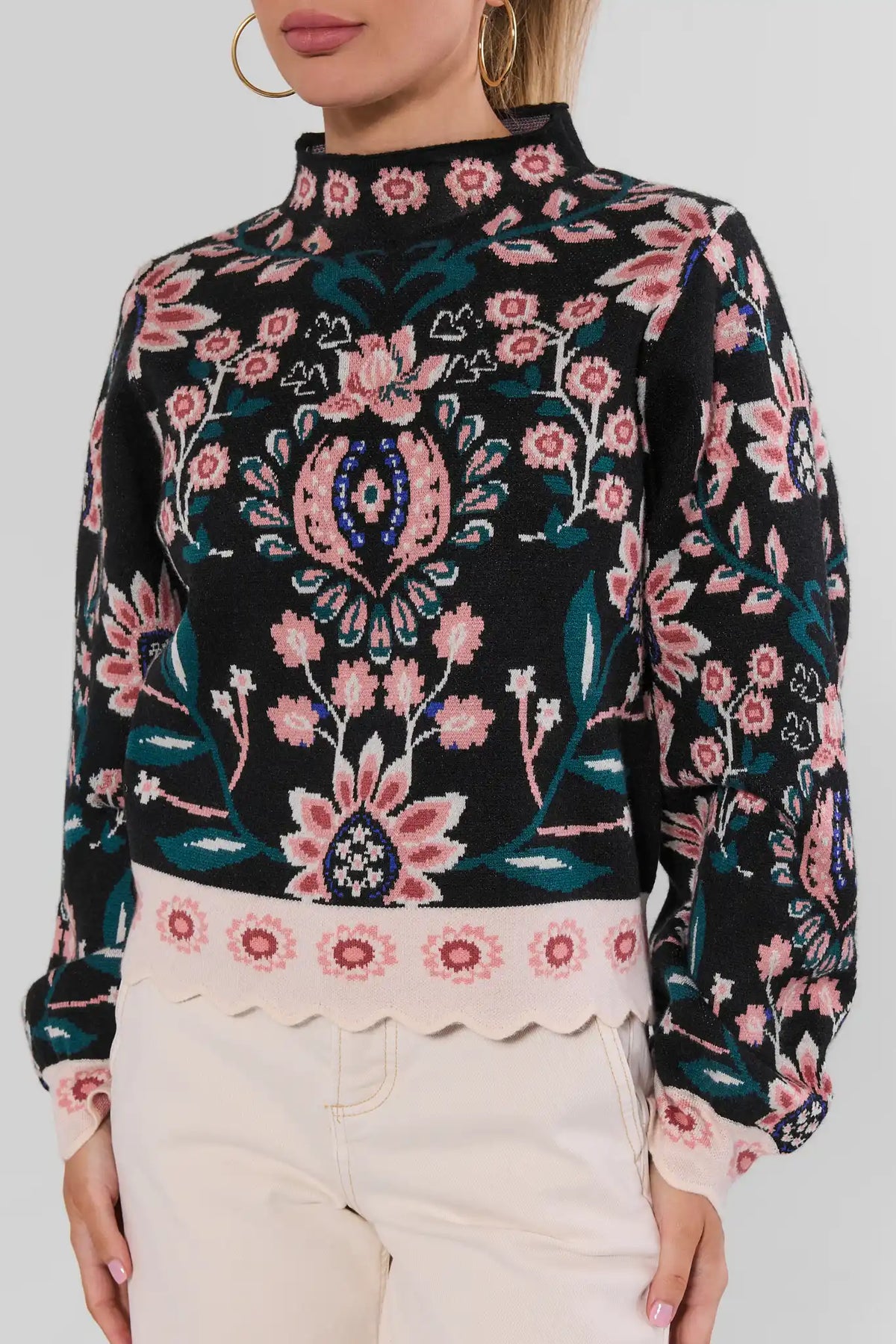 Black Floral Print Sweater - Cropped Front Close-Up, Pink Scallop Hem | Avara