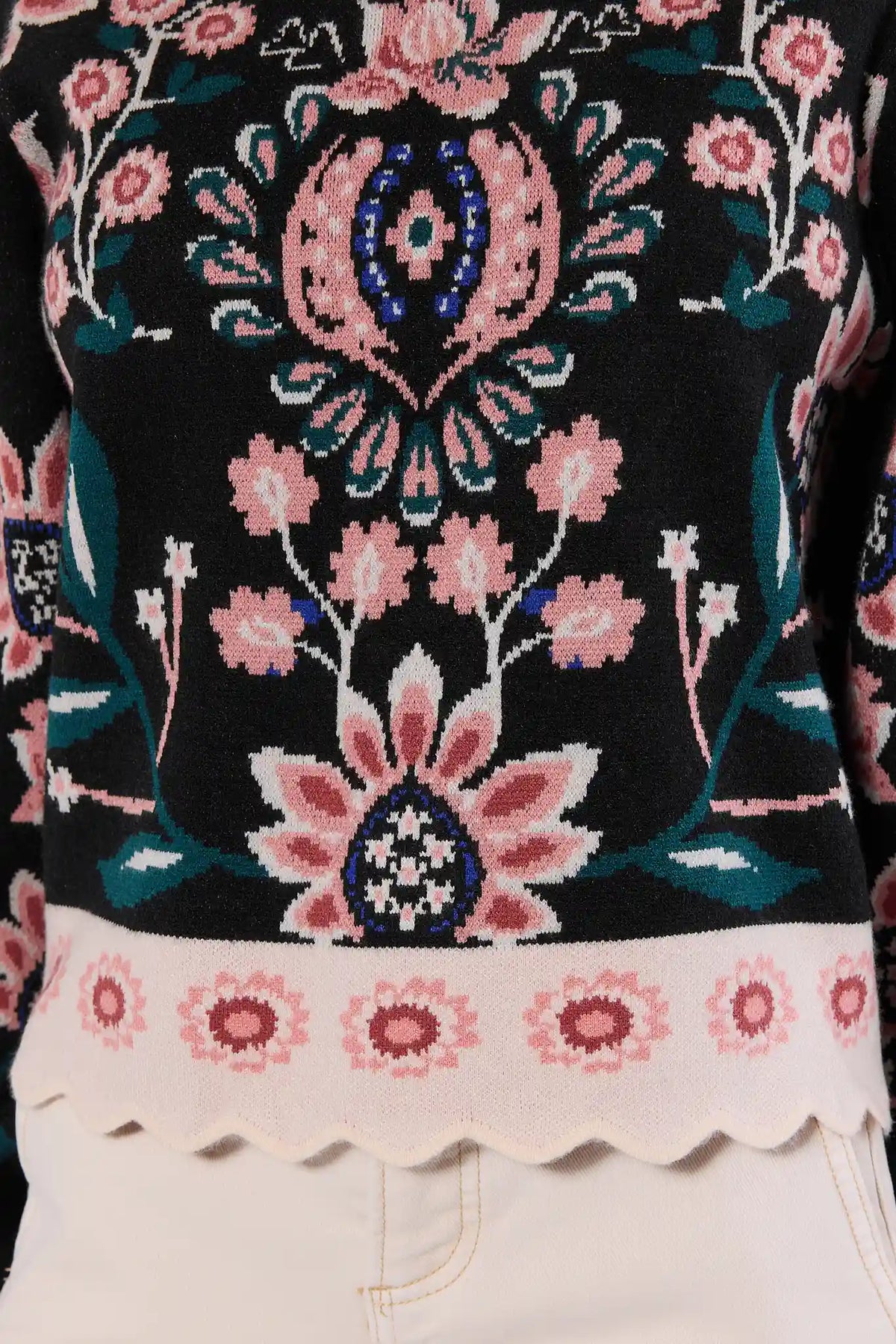 Black Floral Knit Sweater - Fabric Print Detail Close-Up, Scallop Hem | Avara
