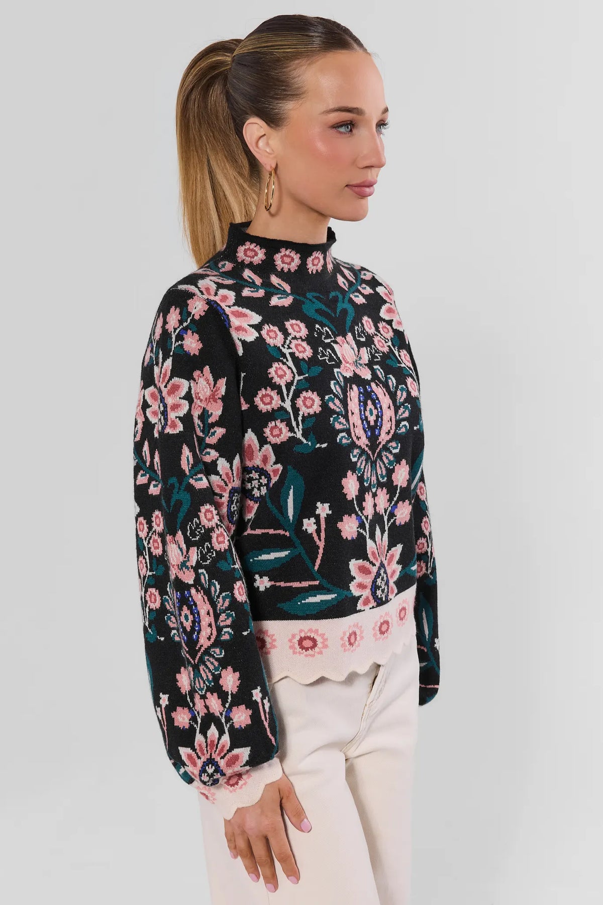 Black Floral Print Sweater - Side Profile On Model, Mock Neck | Avara