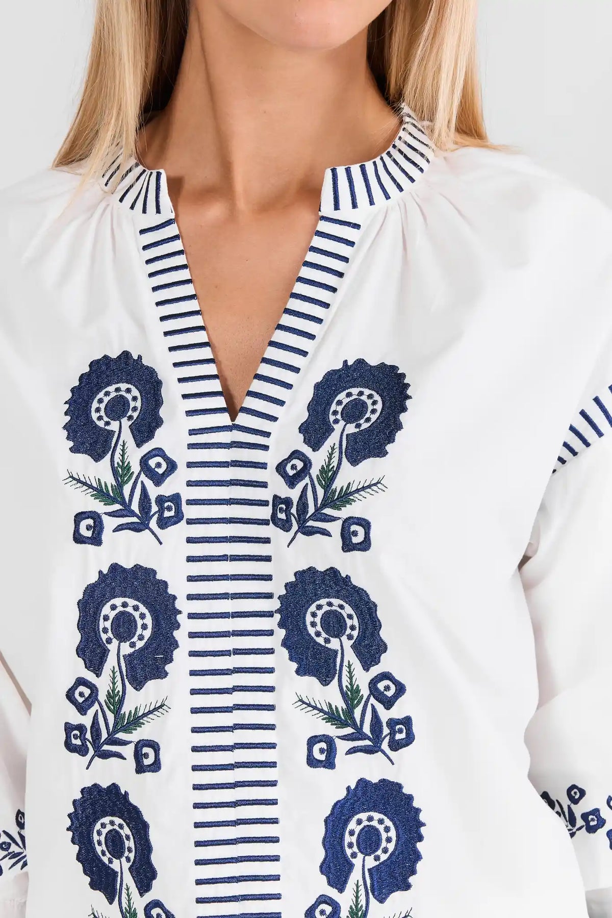 Ivory Floral Embroidered Top - V-Neckline Embroidery Close-Up | Avara