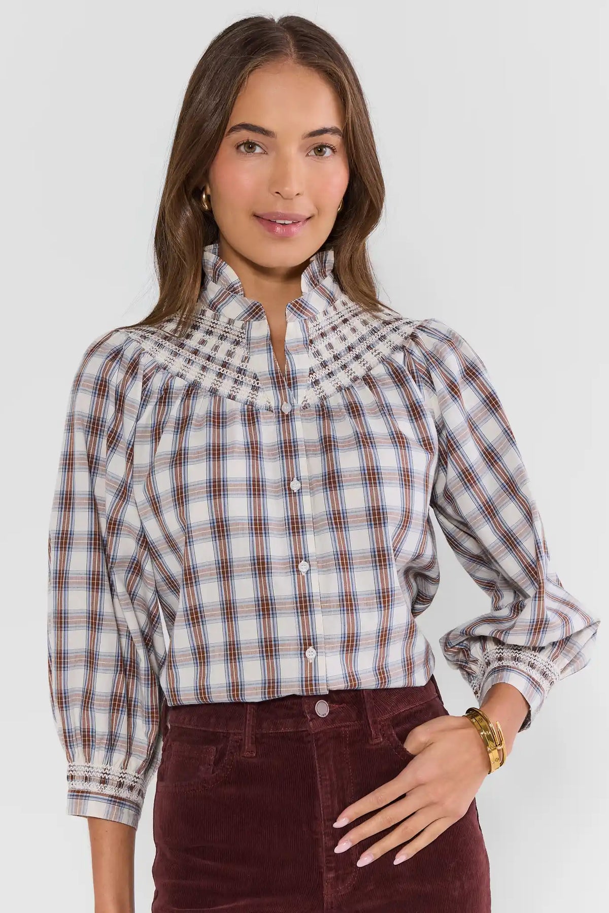 Brown Plaid Smocked Top - Front View On Model, Styled with Burgundy Corduroy Skirt | Avara