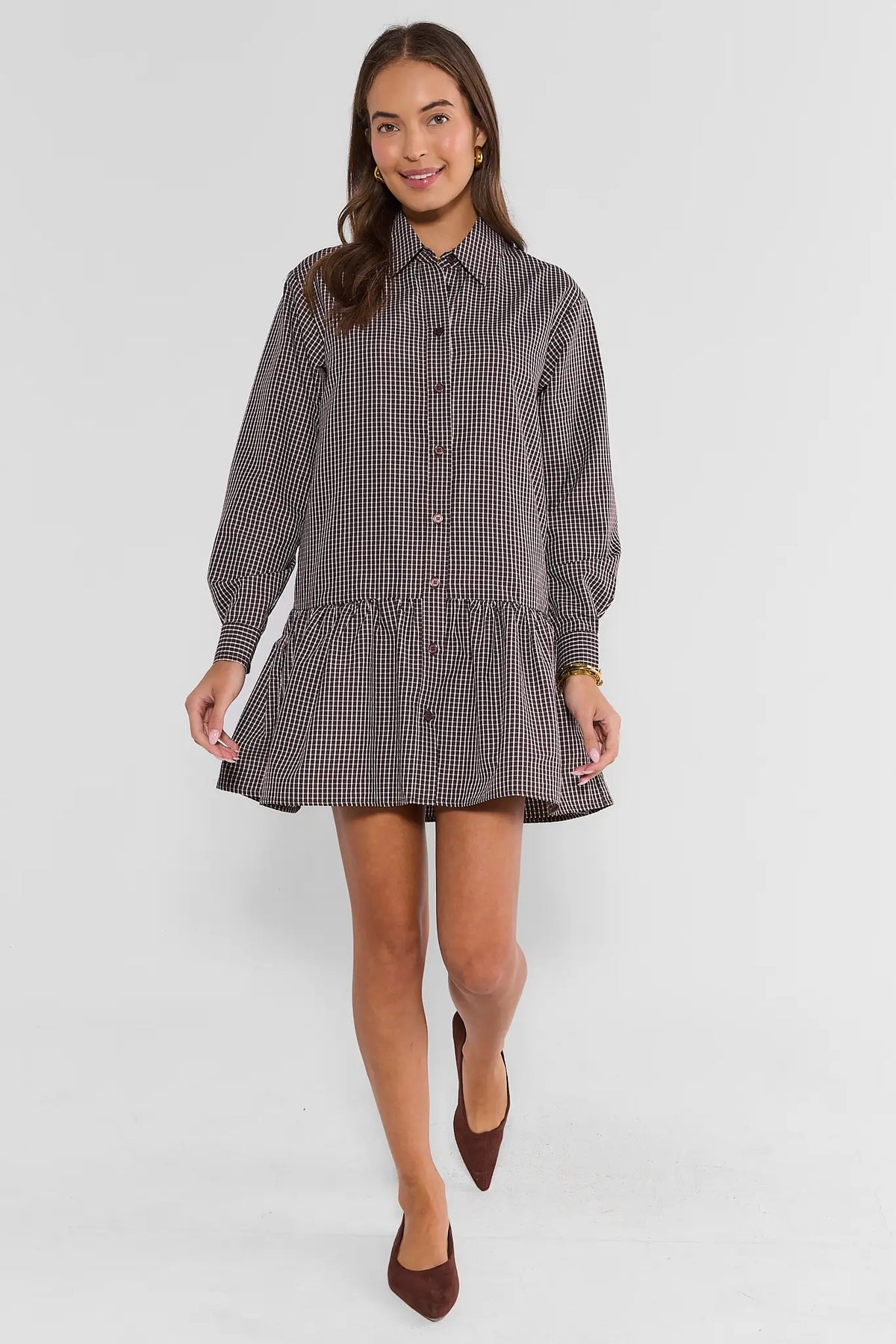 Brown Plaid Mini Shirt Dress - Full Front View On Model | Avara