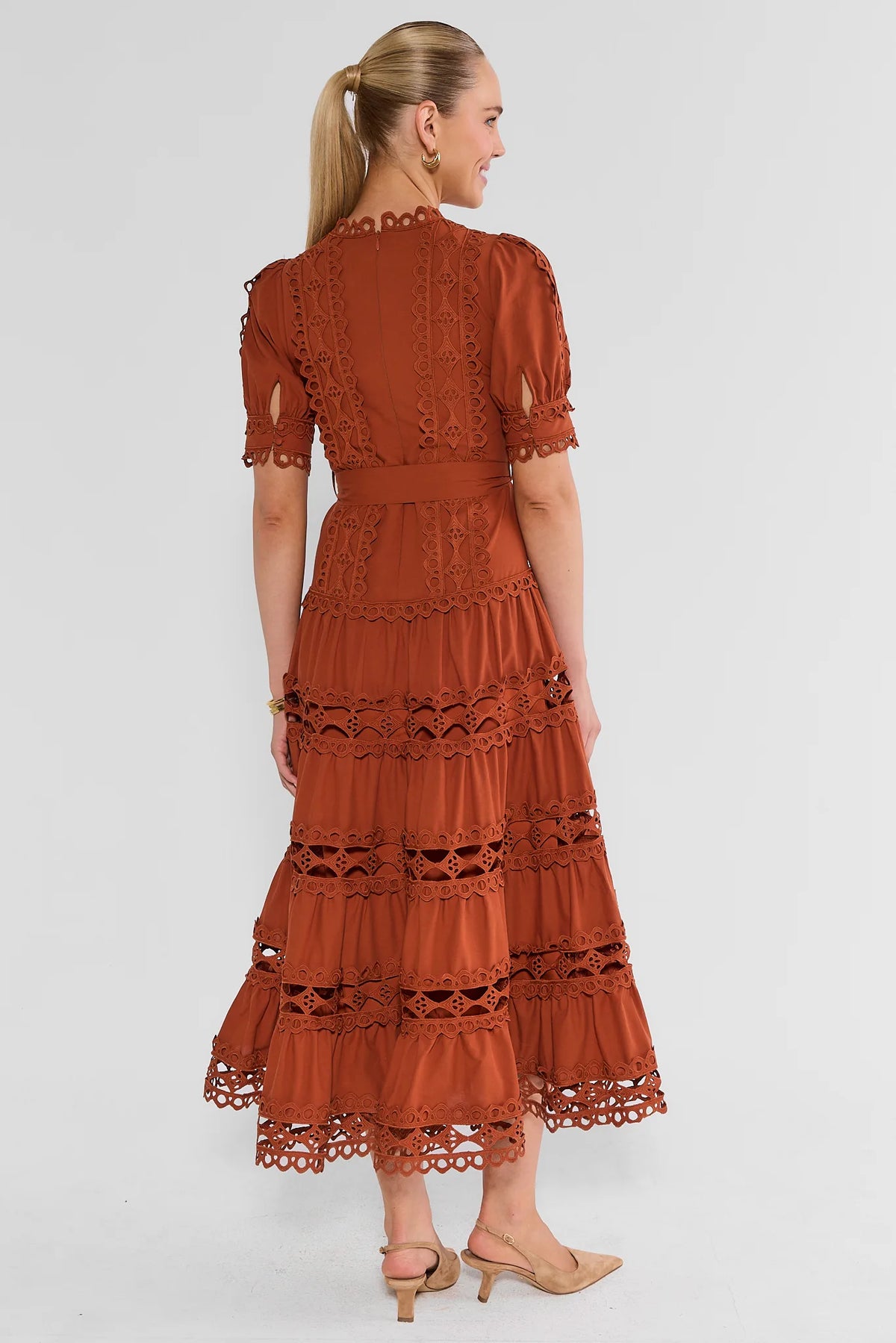Rust Eyelet Midi Dress - Back View Showing Tiered Skirt & Scallop Hem | Avara