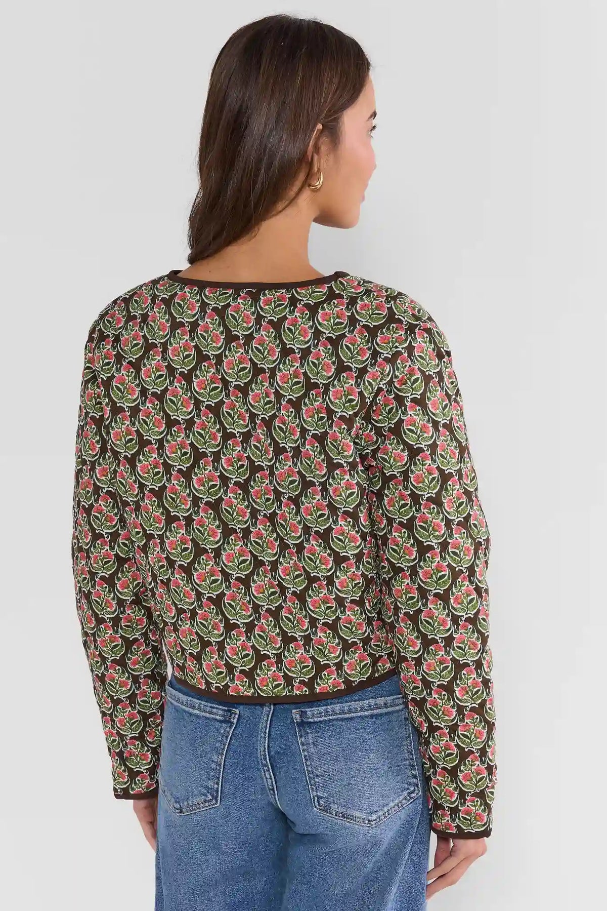 Brown Floral Printed Jacket - On Model Back View Showing Allover Print and Hip-Length Hem | Avara