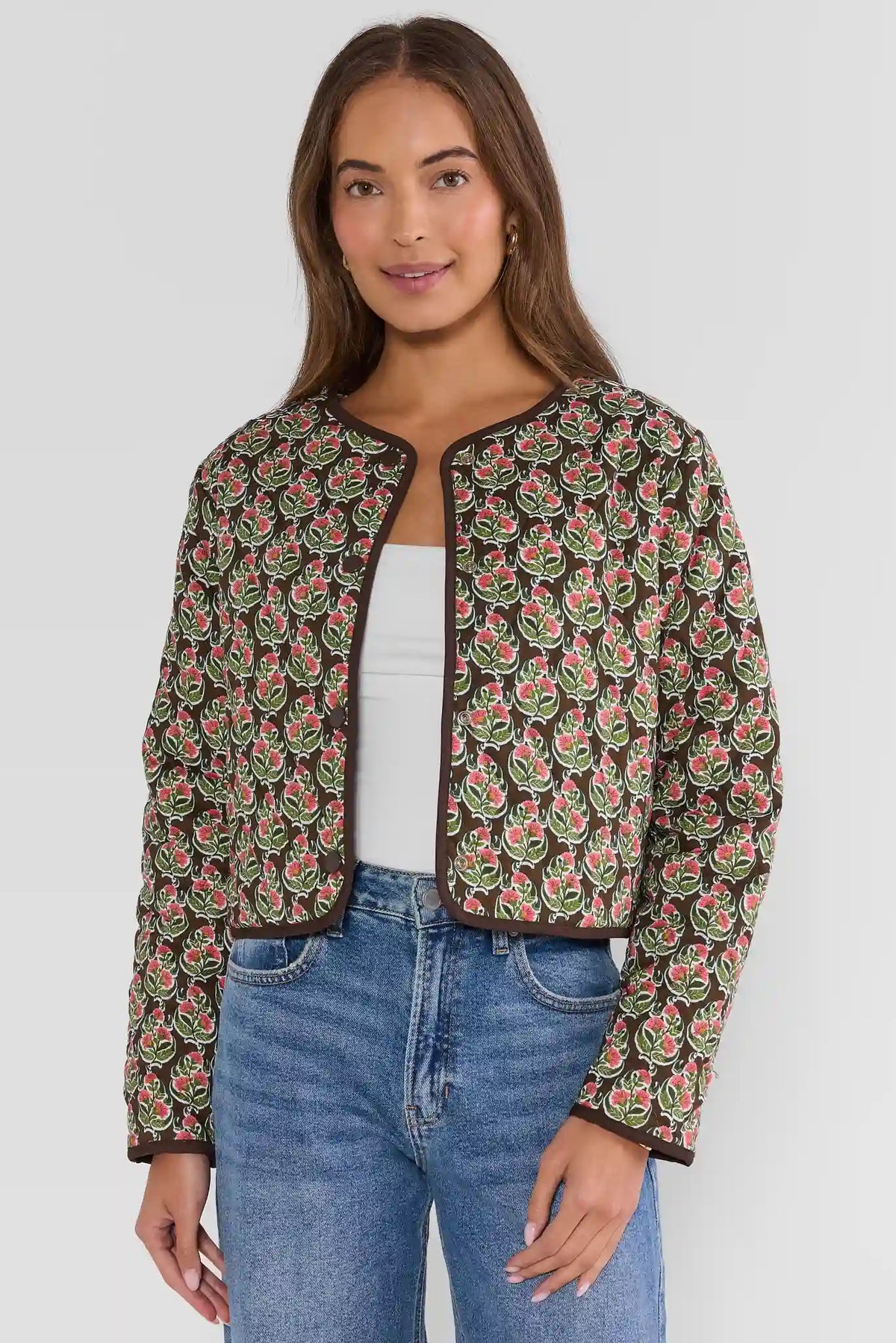 Brown Floral Printed Reversible Jacket - On Model Full Front View Styled with Denim | Avara