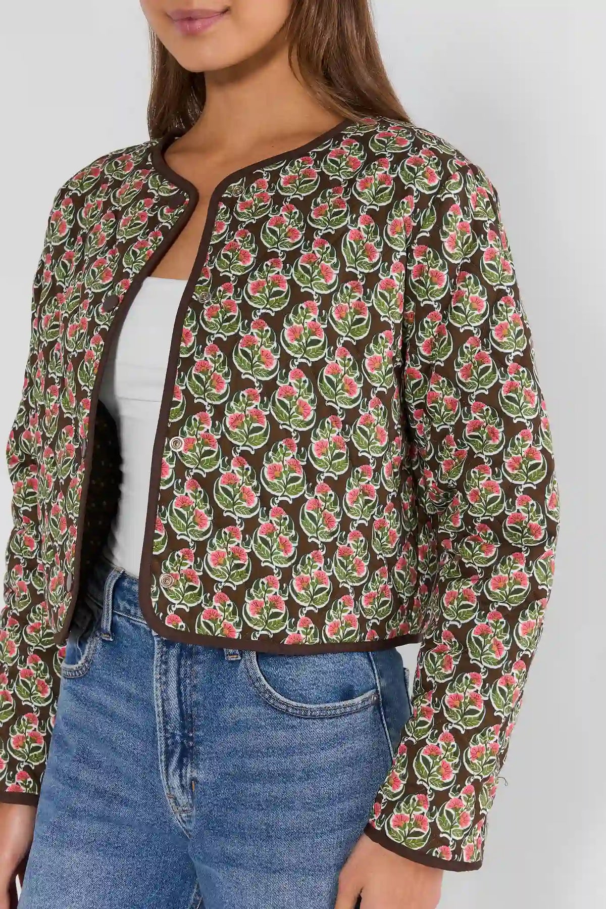 Brown Floral Printed Jacket - Close-Up Front Detail with Round Neckline and Pink Floral Print | Avara