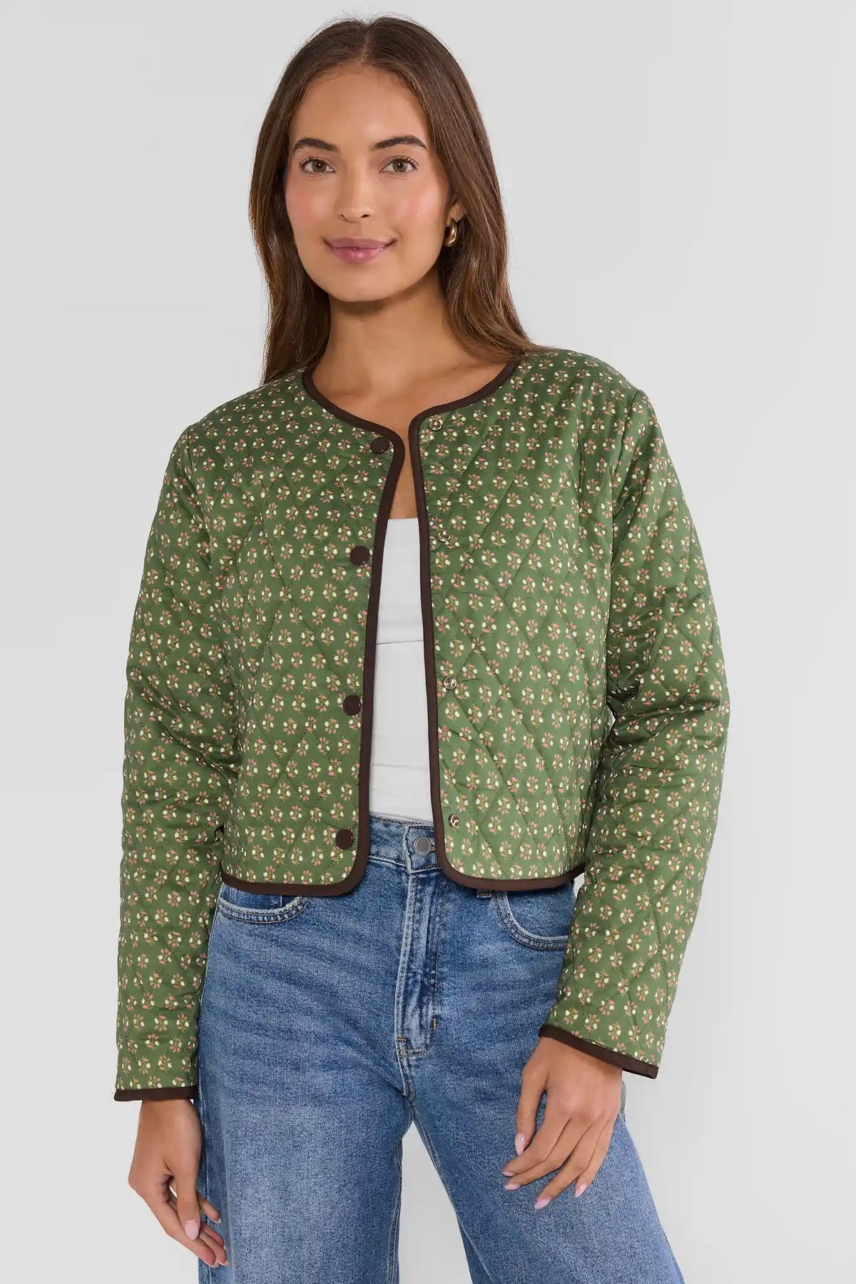 Green Floral Quilted Reversible Jacket - On Model Full Front View with Long Sleeves and Denim | Avara