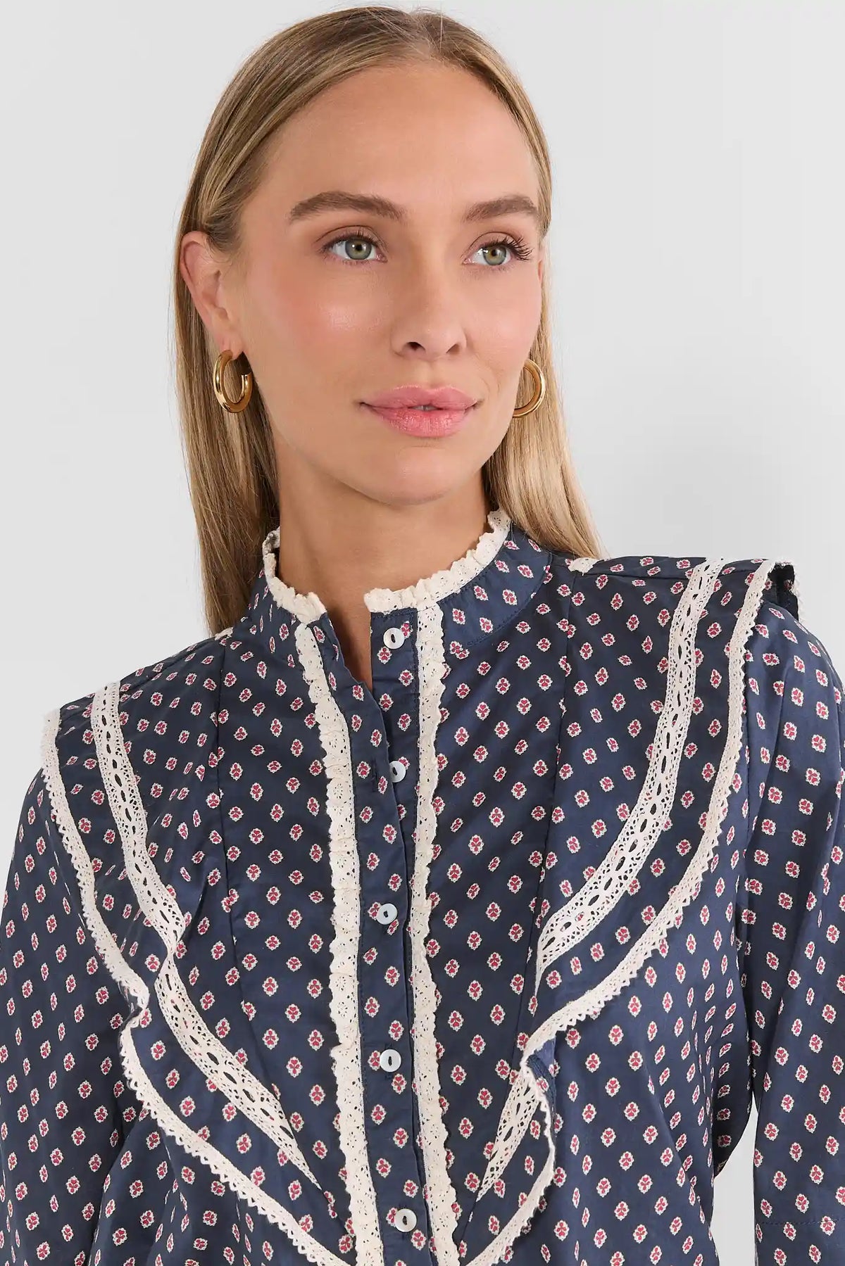 Navy Printed Button Up Ruffle Top - Neckline and Lace Trim Detail Close-Up | Avara