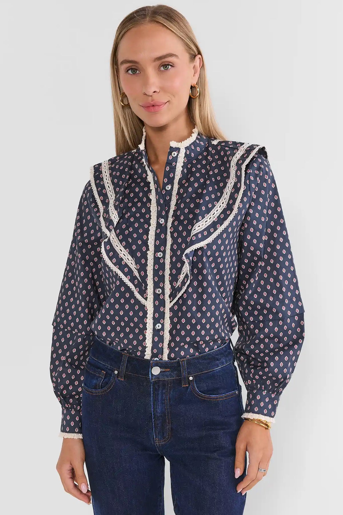 Navy Printed Cotton Ruffle Top Styled with Dark Wash Jeans - Front View On Model | Avara