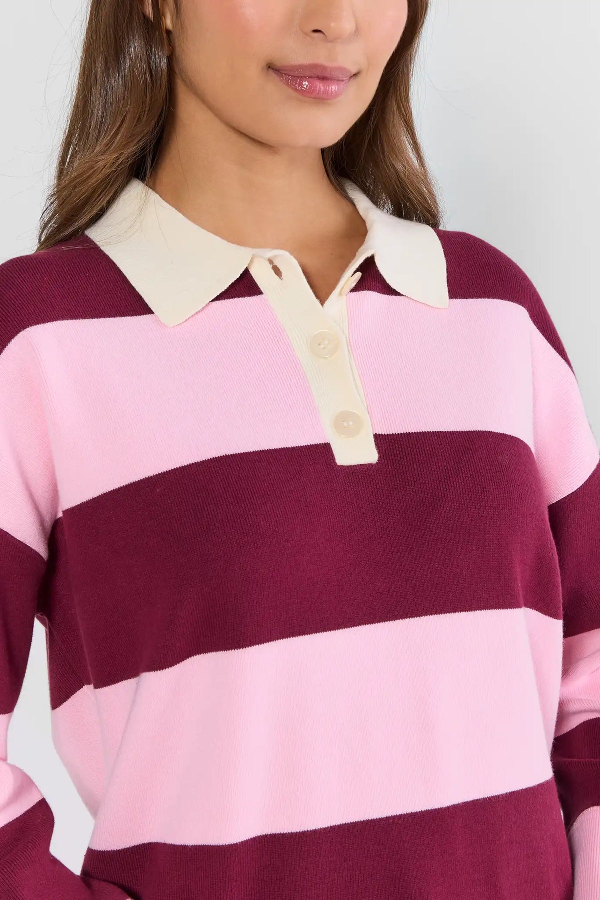 Burgundy Striped Knit Top - Collar & Button Placket Close-Up Detail | Avara